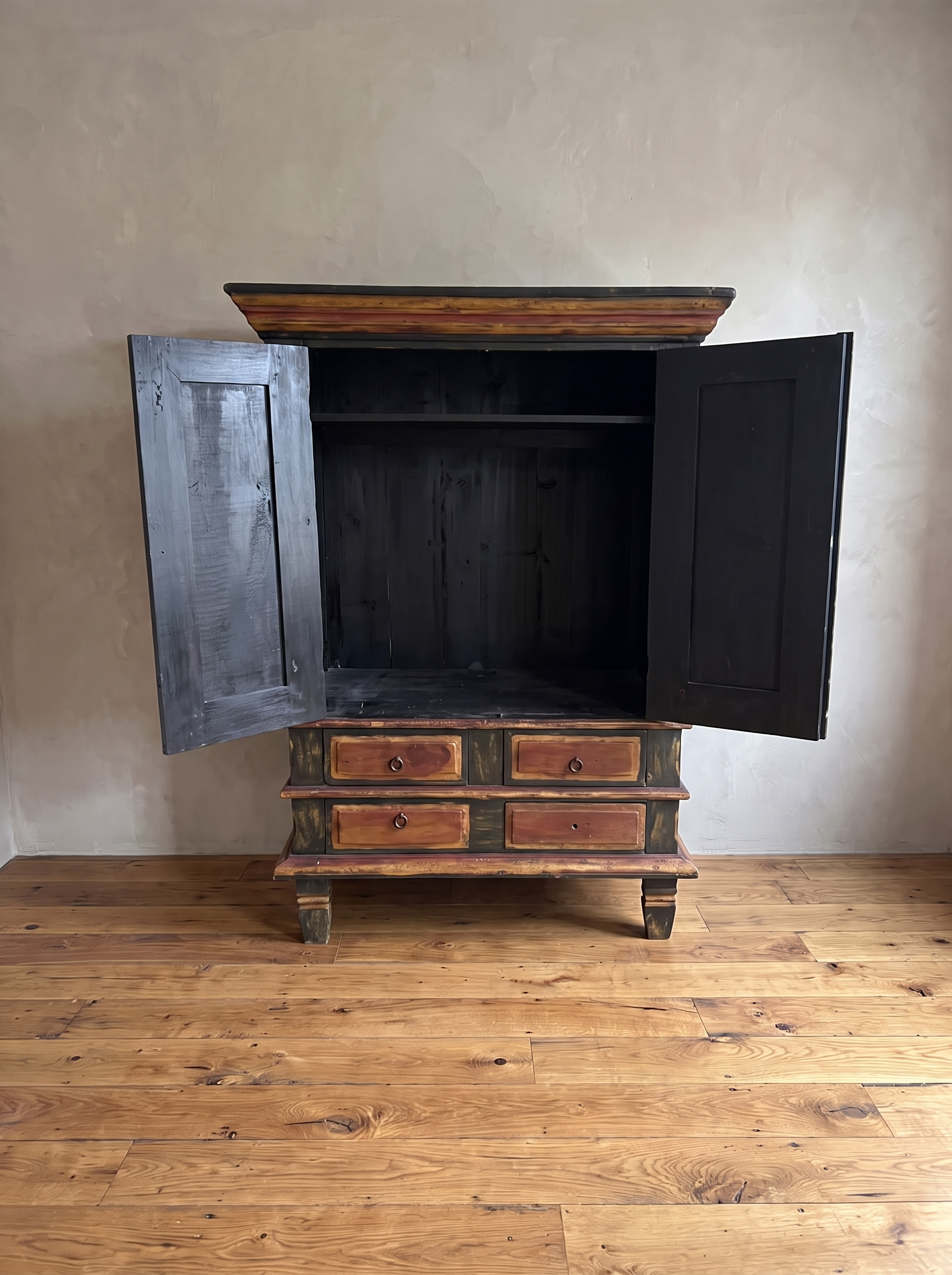 The Batavia Armoire with both doors open, showing the dark painted interior and single upper shelf