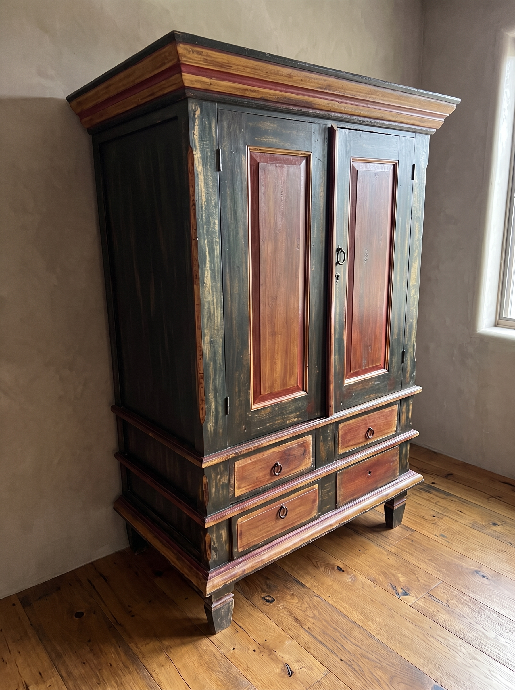 Three-quarter view of the Batavia Armoire showing its stepped ochre and red cornice and side depth