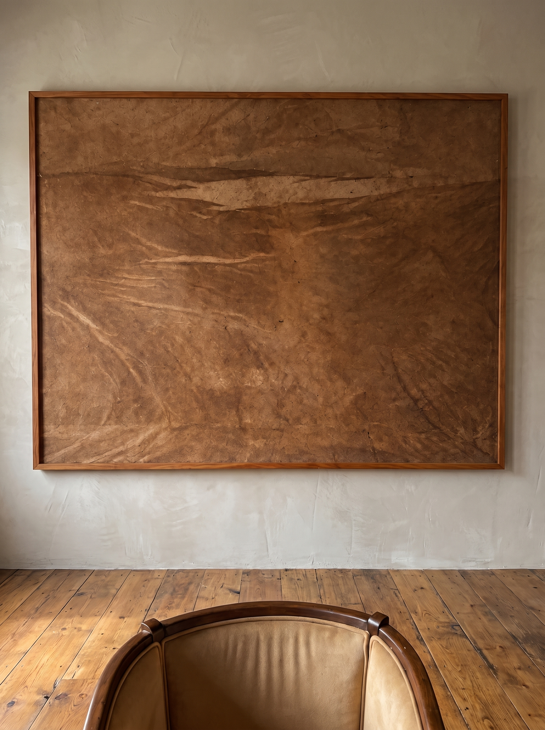 Untitled (Rust) by Nicole Daedone, a large framed work of rust and umber handmade paper hung on a warm plaster wall above a wood and suede armchair