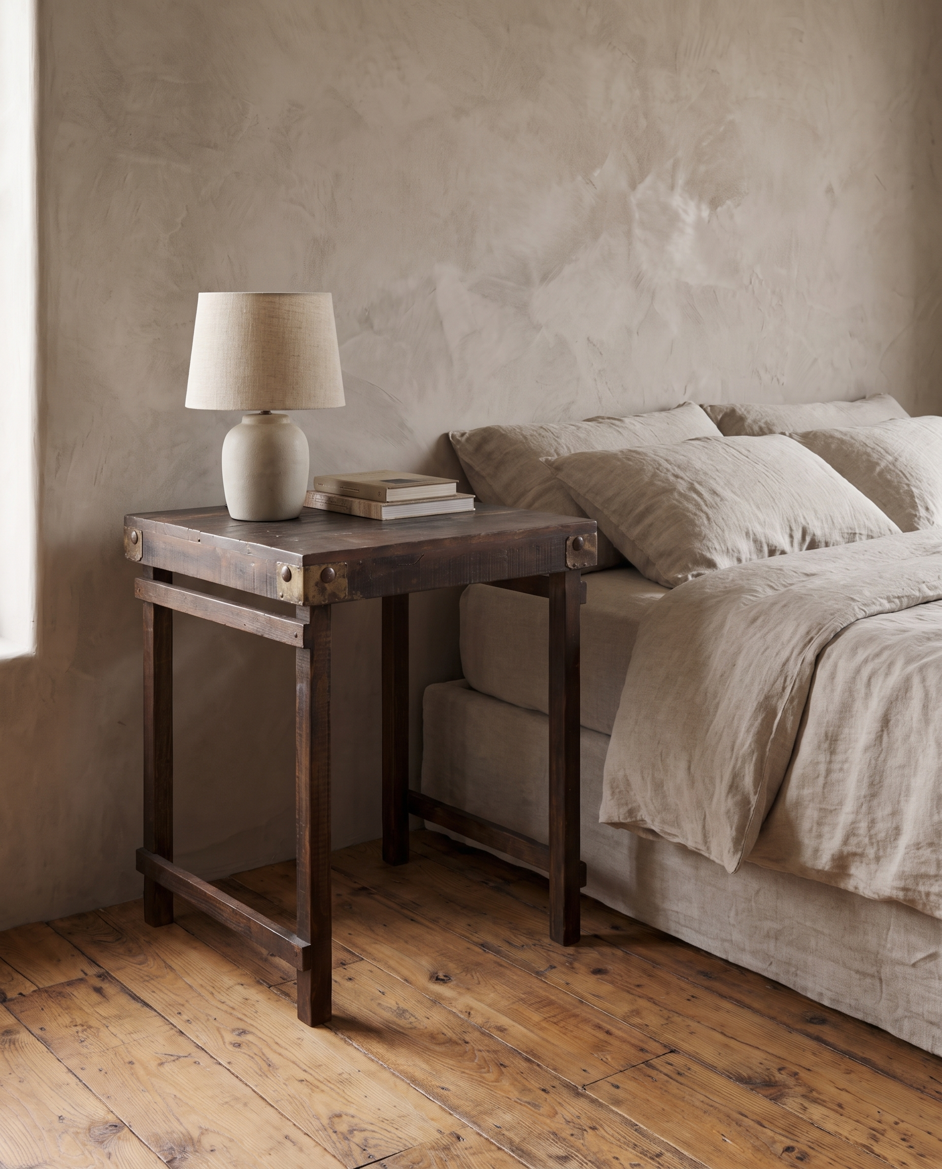 Vintage Indian side table in dark reclaimed wood used as a bedside table beside a linen-dressed bed, ceramic lamp and books on top, plaster wall and reclaimed wood floor