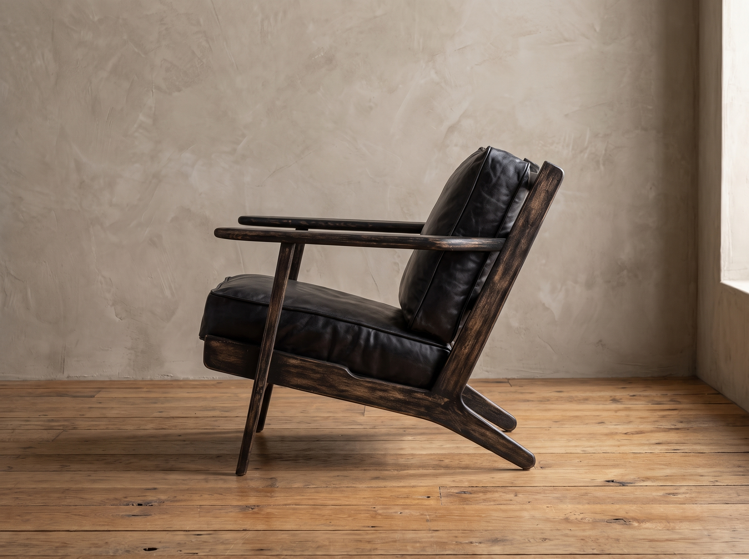 Side profile of the Ember lounge chair showing its recline and splayed back legs