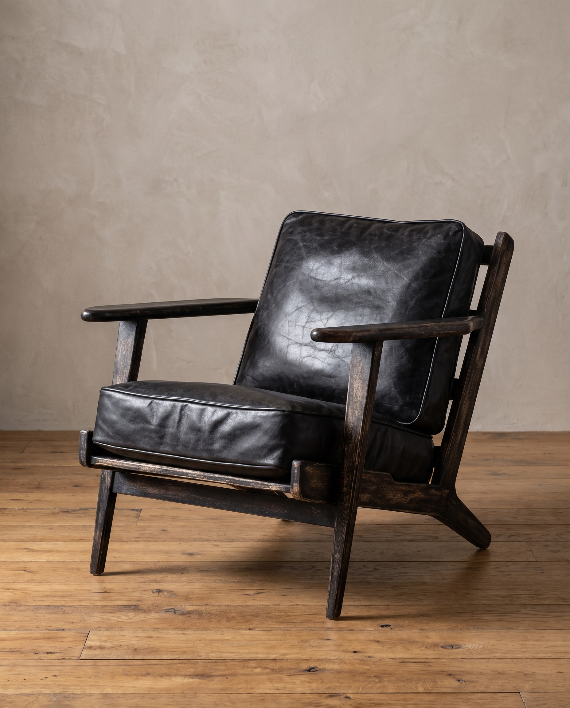 Three-quarter view of the Ember lounge chair in black leather and black wire-brushed oak