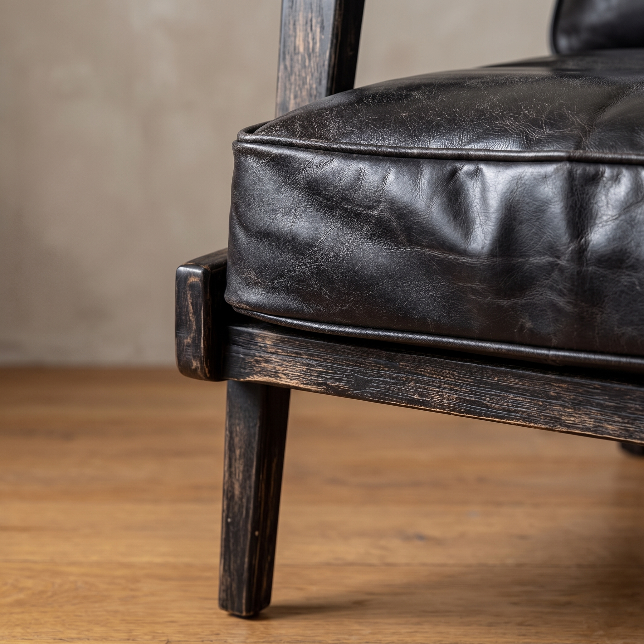 Close-up of the black top-grain leather seat cushion with piping and distressed black oak leg