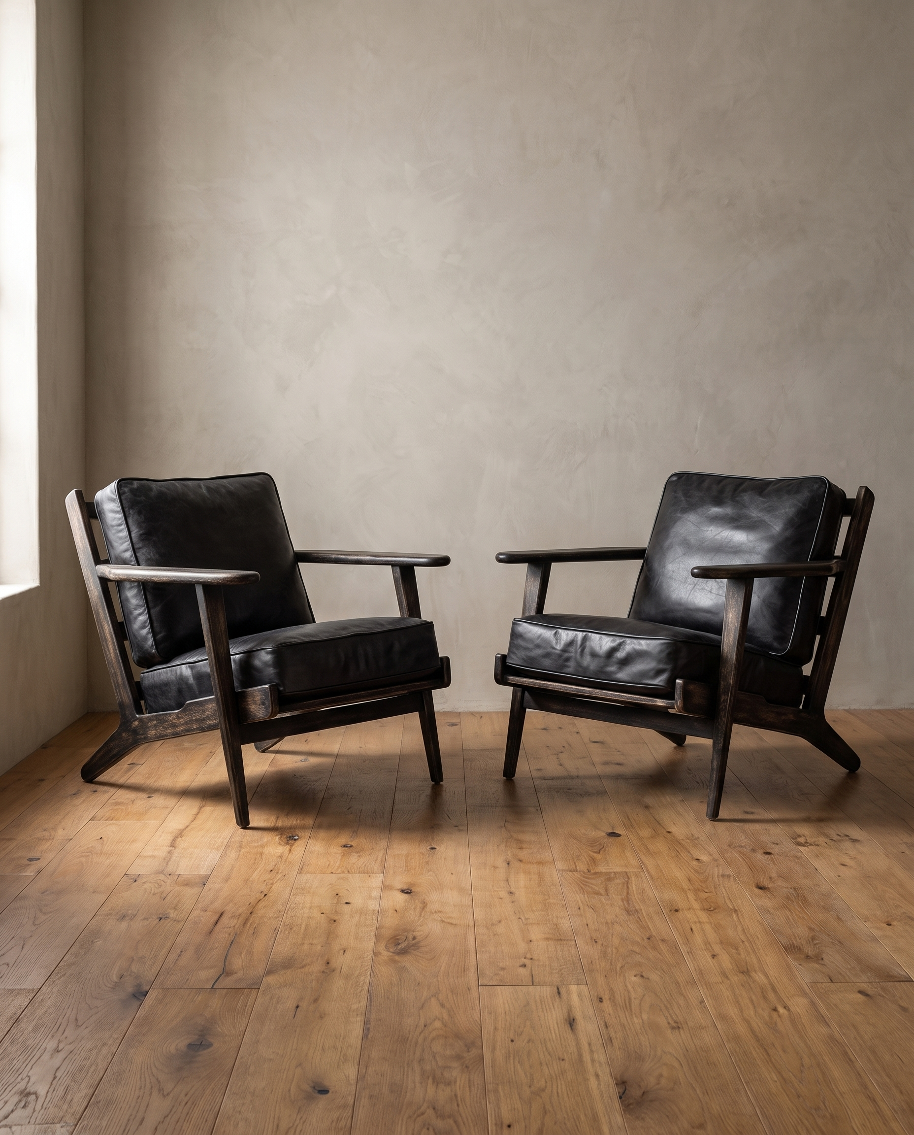 A pair of black leather lounge chairs with black distressed oak frames angled toward each other against a warm plaster wall on a reclaimed wood floor