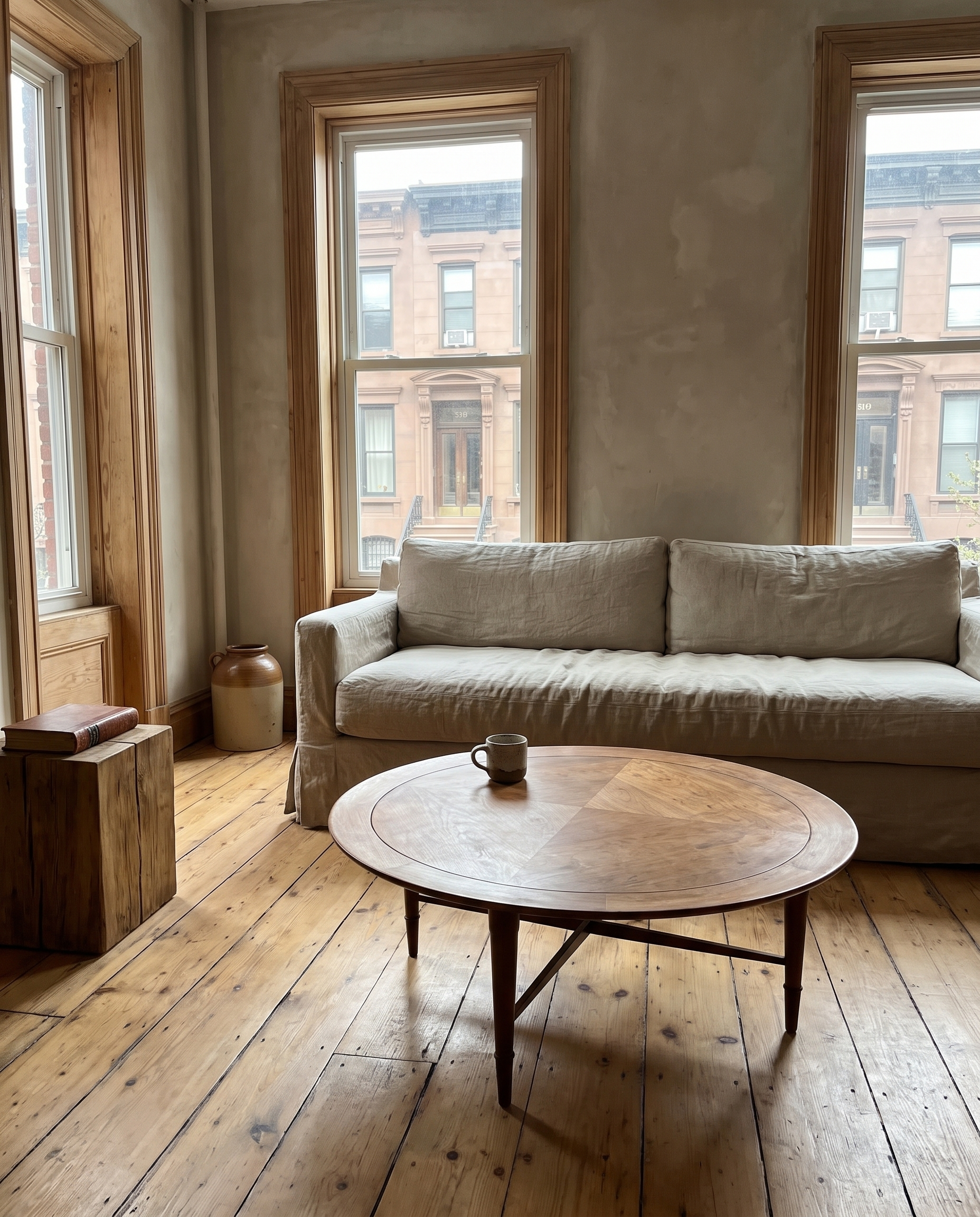 The Aurelia round mid-century walnut coffee table in a prewar Harlem apartment with plaster walls, a linen sofa, and wide plank floors