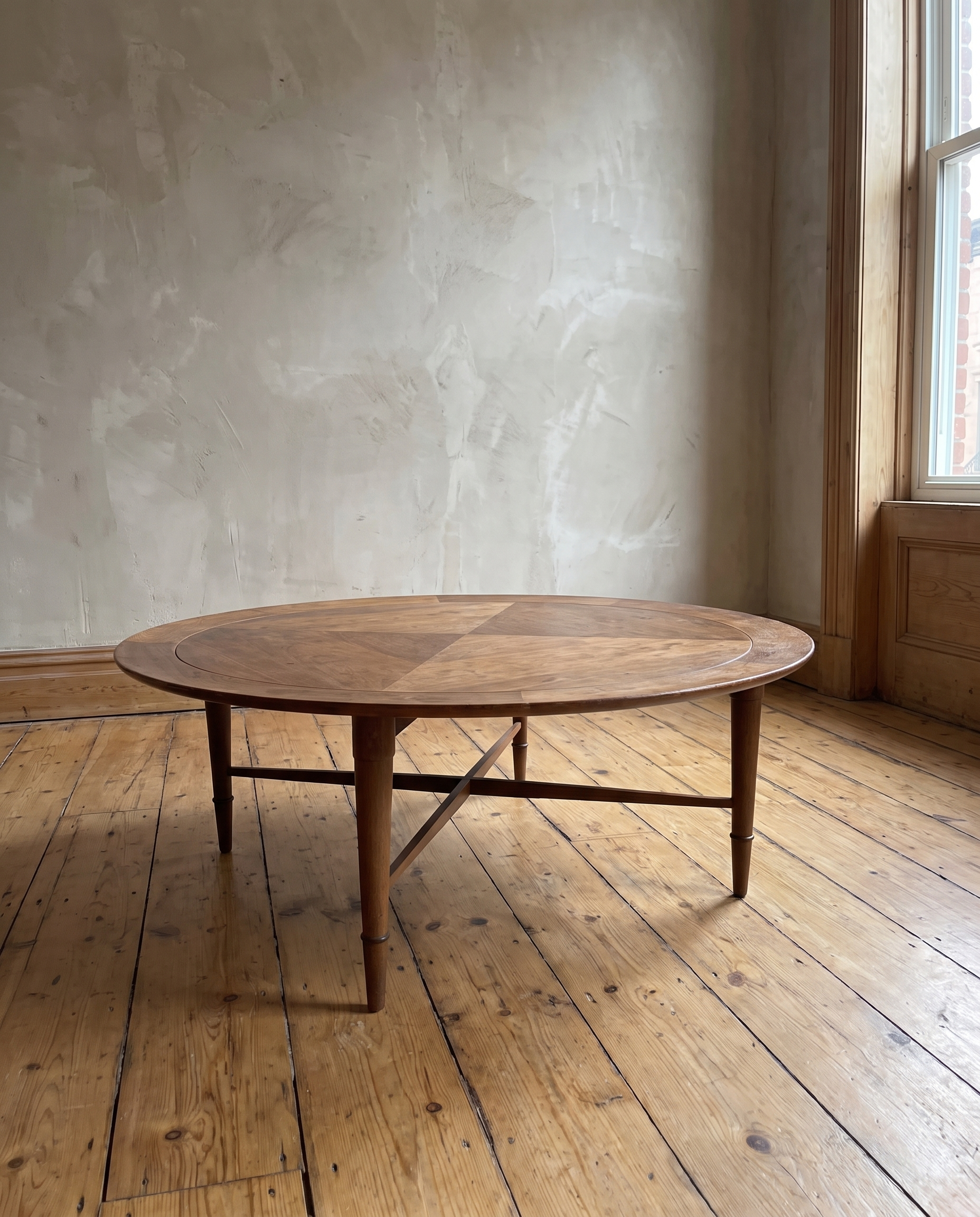 Three-quarter view of the Aurelia round walnut coffee table showing the four-quarter veneer top, tapered legs, and X stretcher