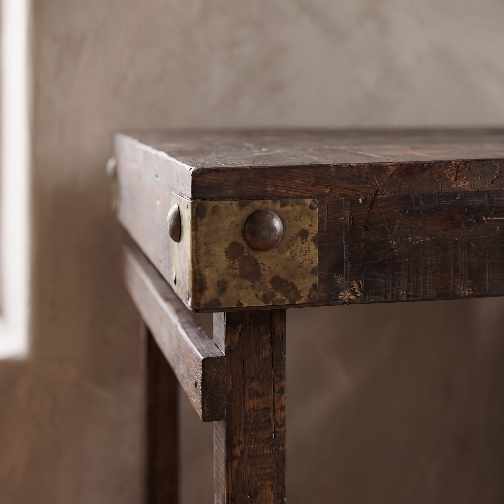 Close detail of a metal corner plate with round stud on the weathered wood apron