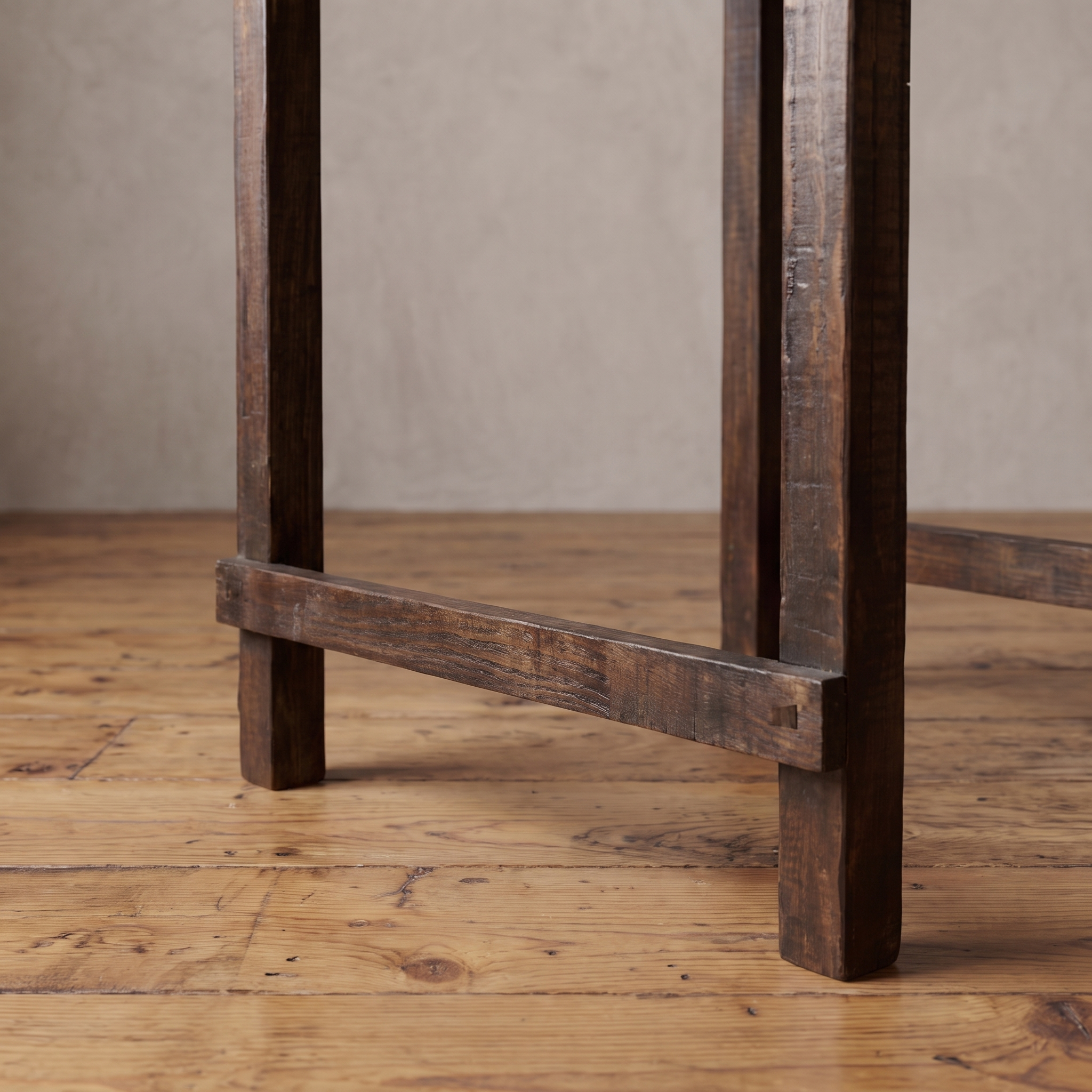 Detail of the square legs and low stretcher in dark reclaimed wood on a wide-plank floor