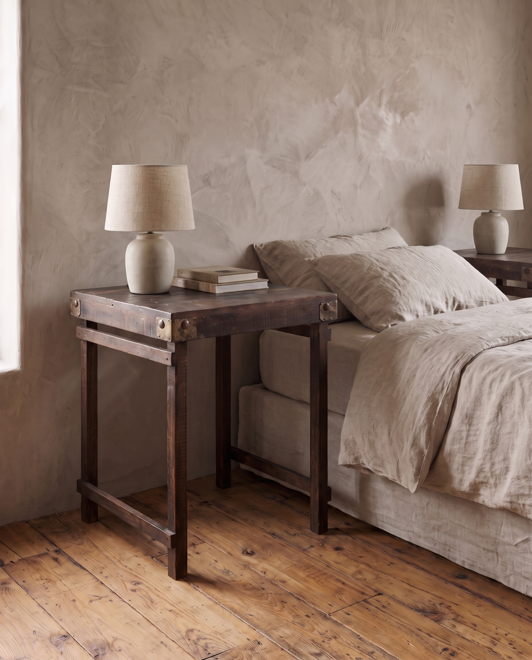 A matching pair of vintage Indian side tables flanking a bed in oatmeal linen, each with a ceramic lamp