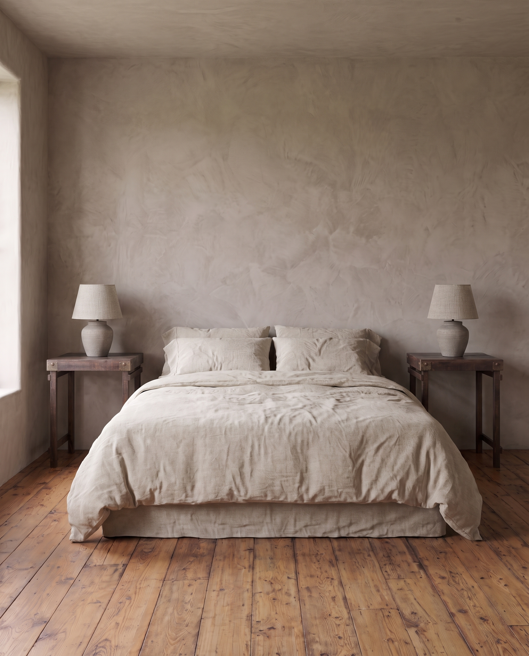 A matching pair of vintage Indian side tables on either side of a queen bed in oatmeal linen, a ceramic lamp on each, plaster wall and reclaimed wood floor