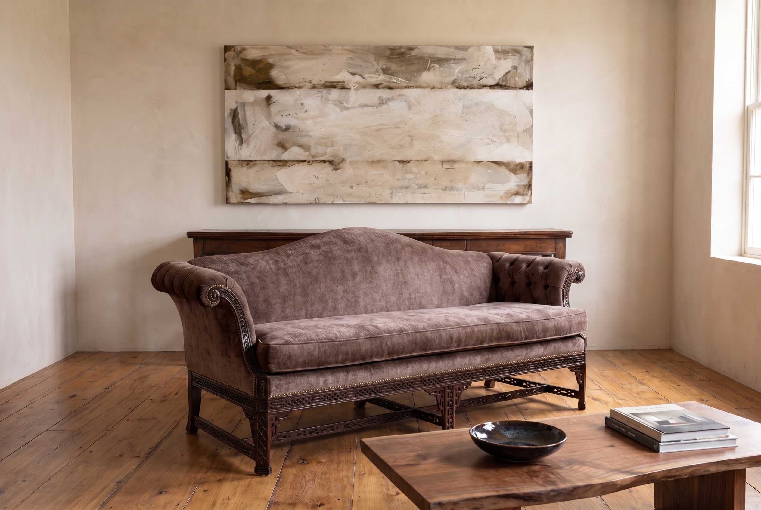 Mauve velvet camelback sofa floating in a calm limewash living room, antique console behind it, a large bone-and-umber abstract painting above, live-edge walnut coffee table in front