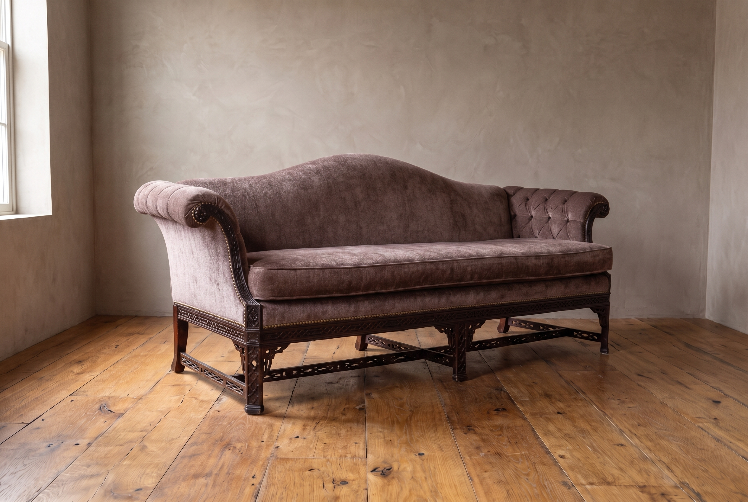 Three-quarter view of the camelback sofa showing the pleated scroll arm, tufted arm, fretwork legs and stretcher
