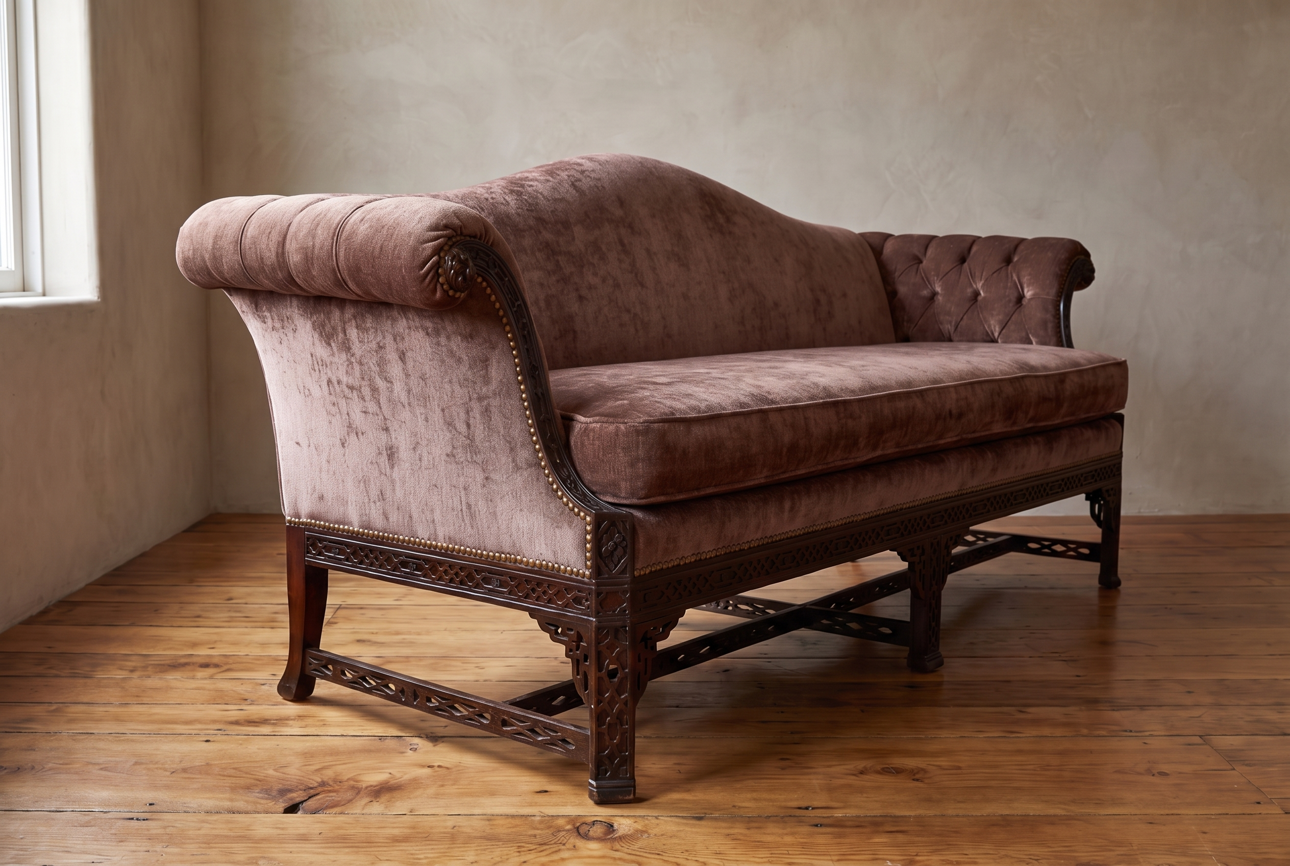 Low angle along the sofa from the high pleated scroll arm