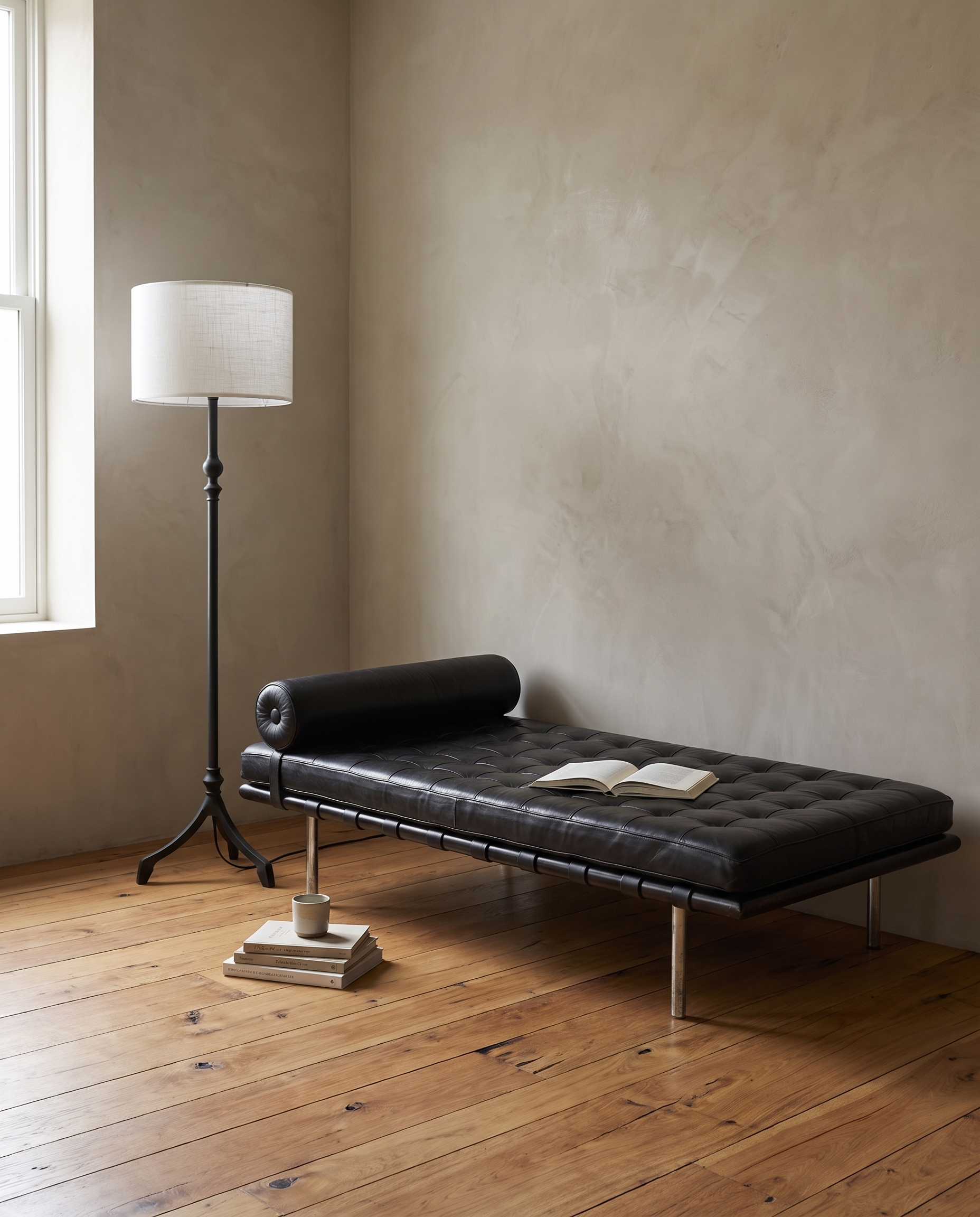 Forged iron tripod floor lamp at the head of a black leather Barcelona daybed in a plaster-walled bedroom