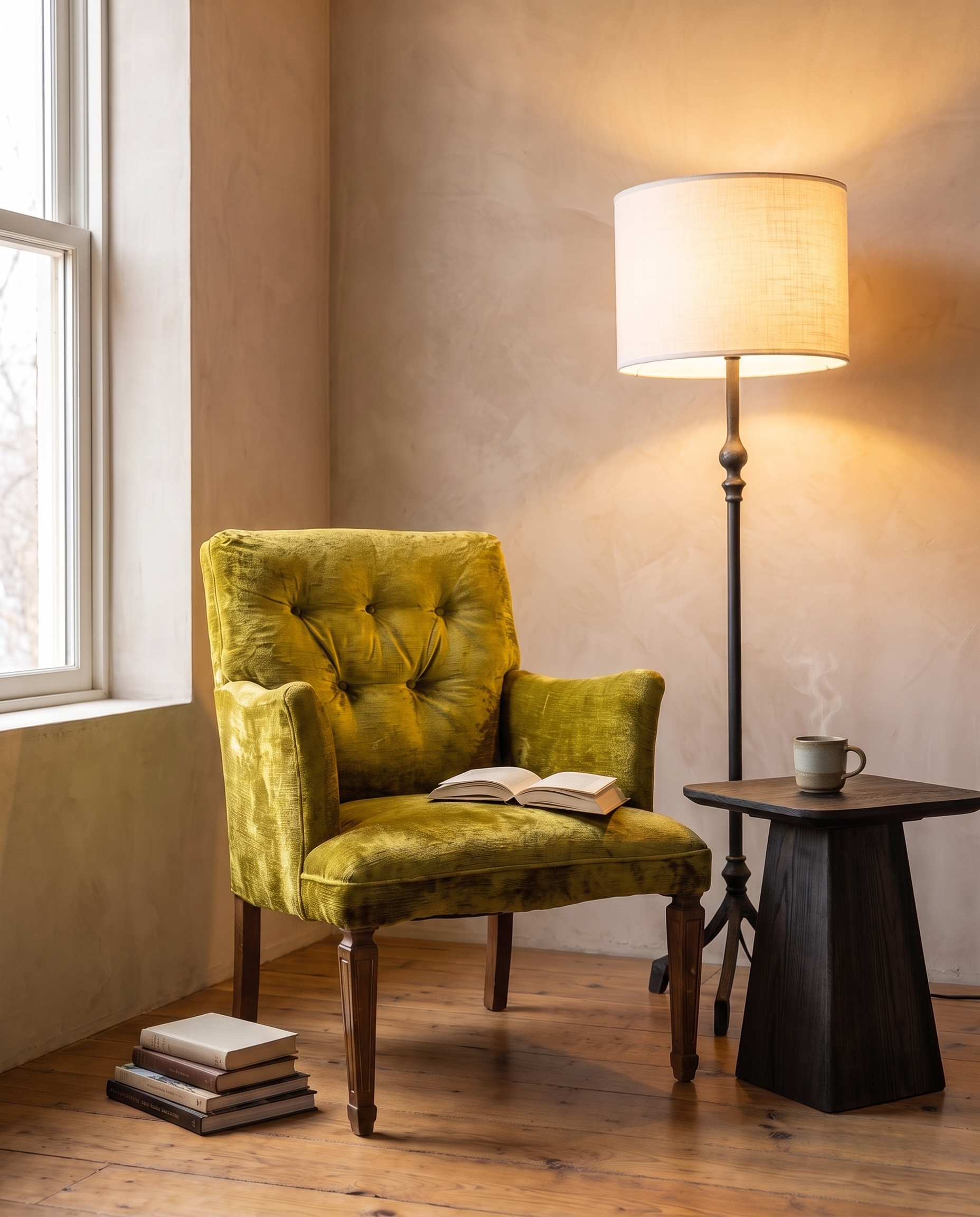 Forged iron tripod floor lamp switched on, glowing over a chartreuse velvet lounge chair, with a blackened wood side table and a steaming cup of tea