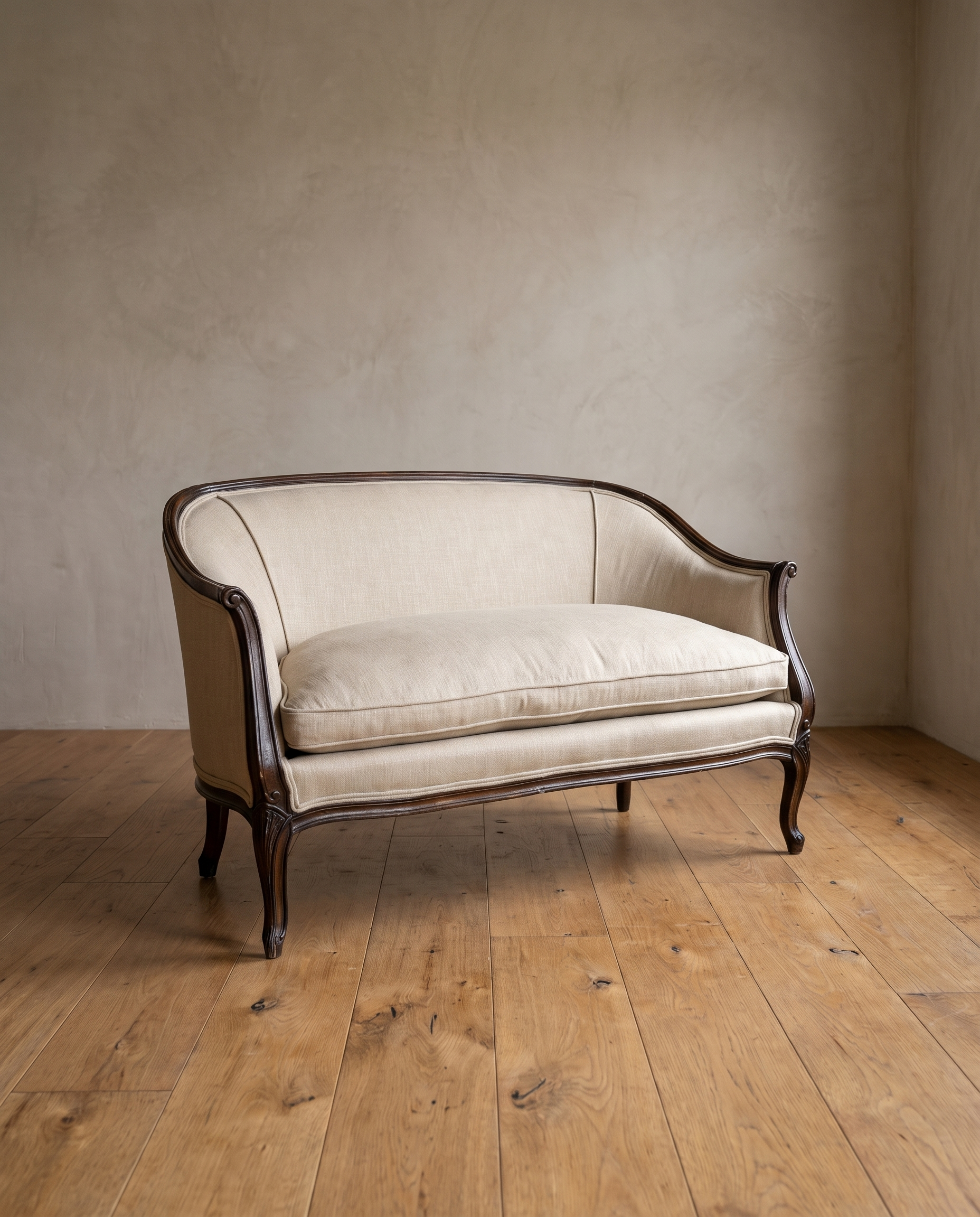 Angled view of the Trianon settee showing its barrel back, scrolled arms and cabriole legs