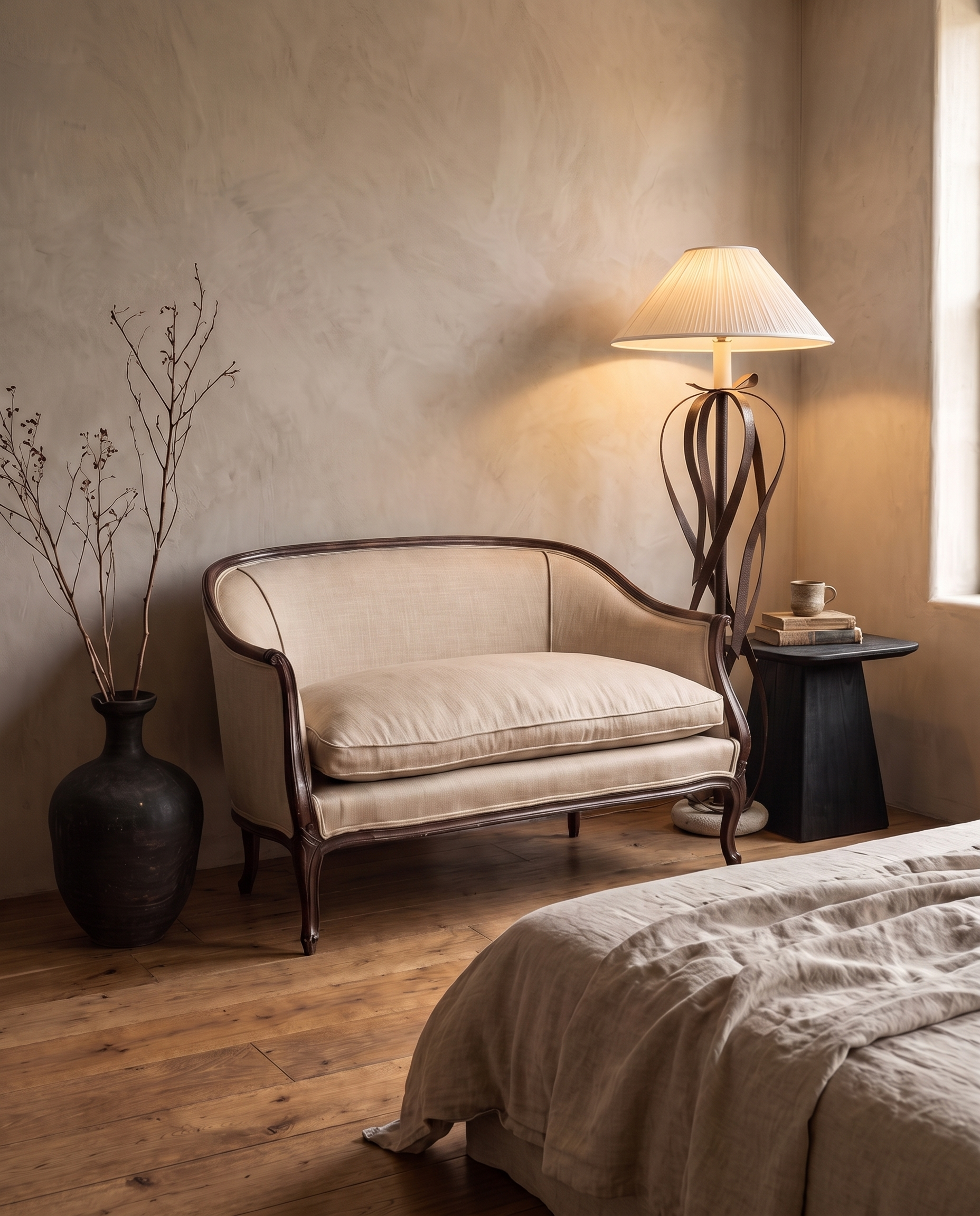 The Trianon settee styled in a bedroom corner with the Ember Side Table, the Black Stone Vase and The Ribbon Floor Lamp