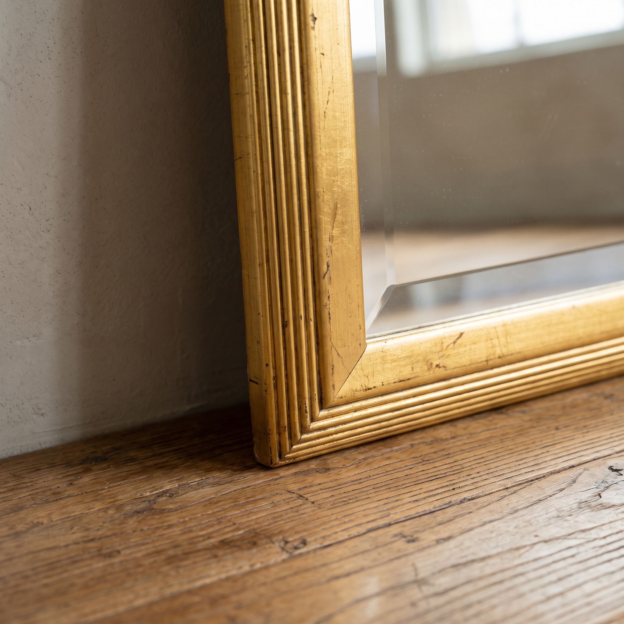 Close-up of the lower frame corner resting on the wood floor