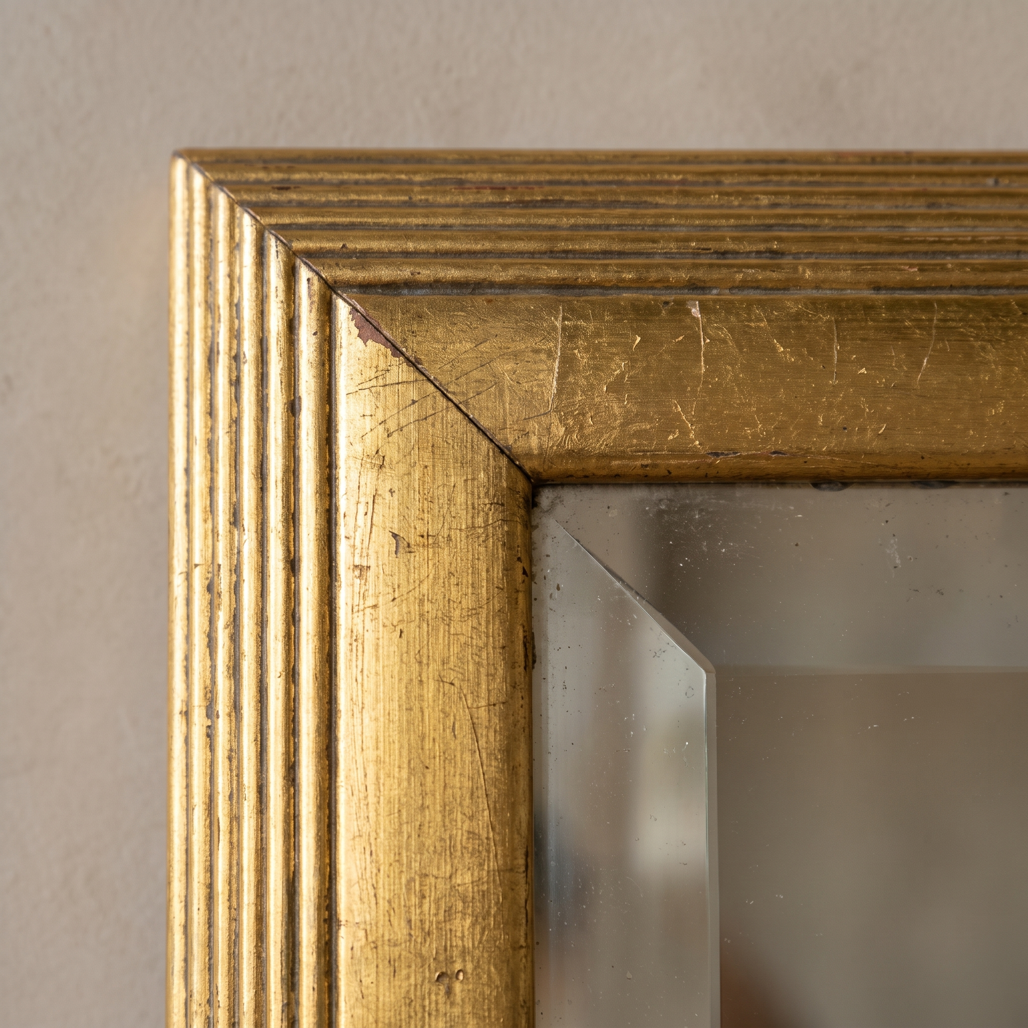 Close-up of the reeded gilt frame corner and beveled glass edge