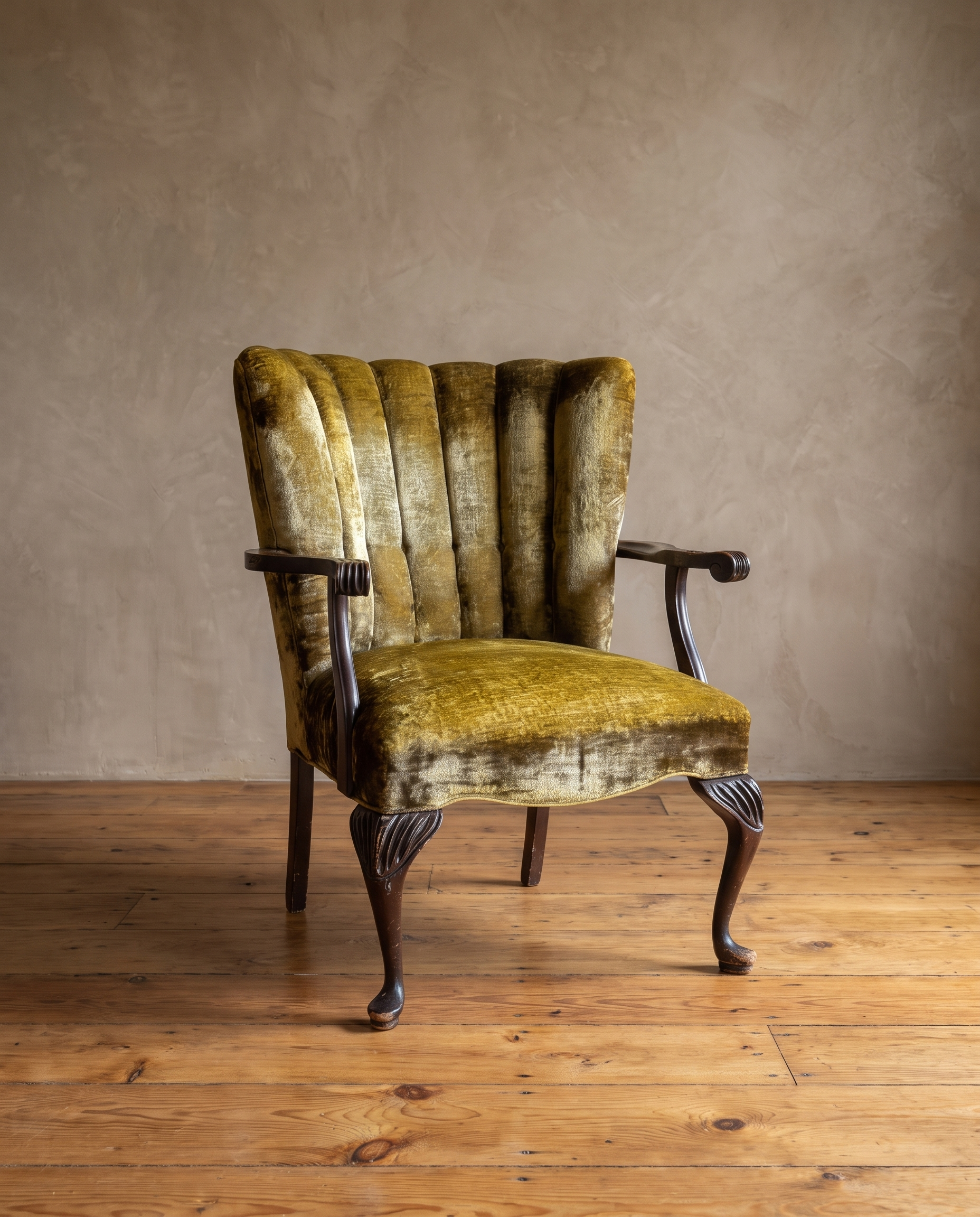 Three-quarter view of the velvet armchair showing the fan channel back, open wood arms and cabriole legs