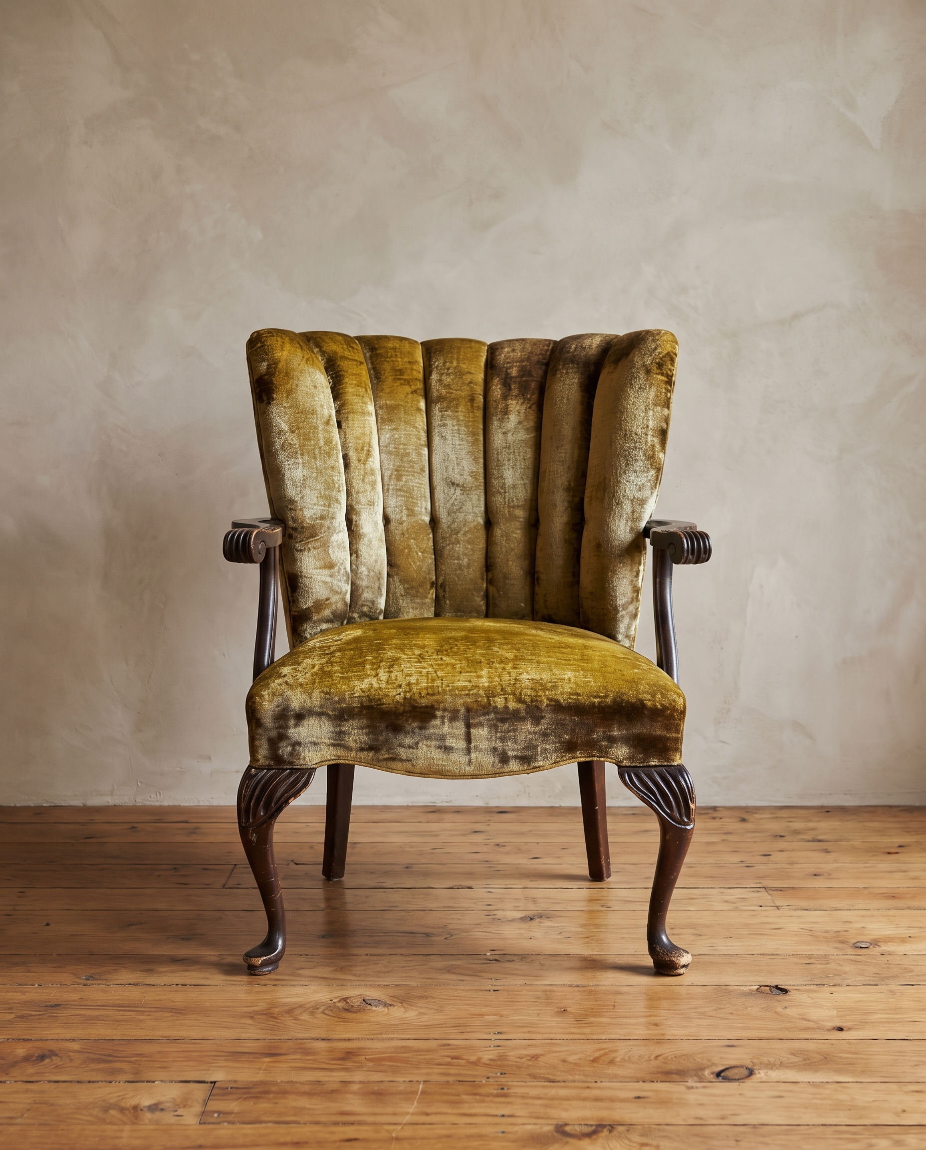 Front view of the chartreuse velvet channel-back armchair with carved cabriole legs