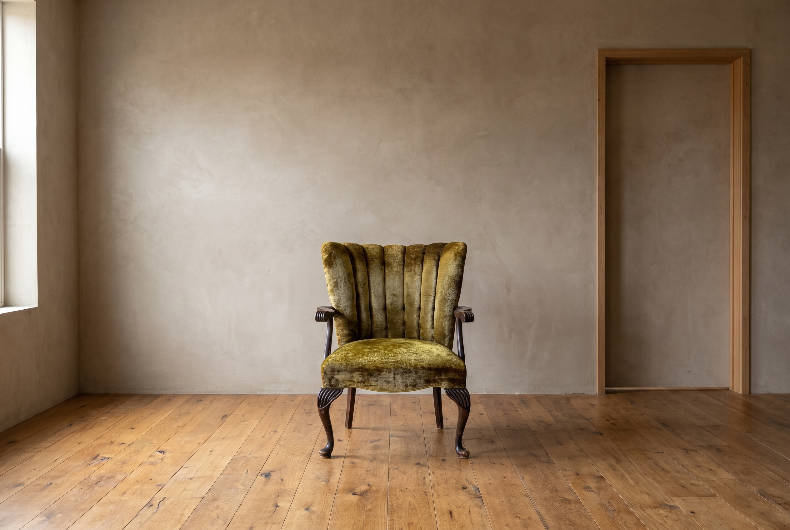 The chartreuse velvet armchair in a wide plaster-walled room with a doorway, showing its real scale
