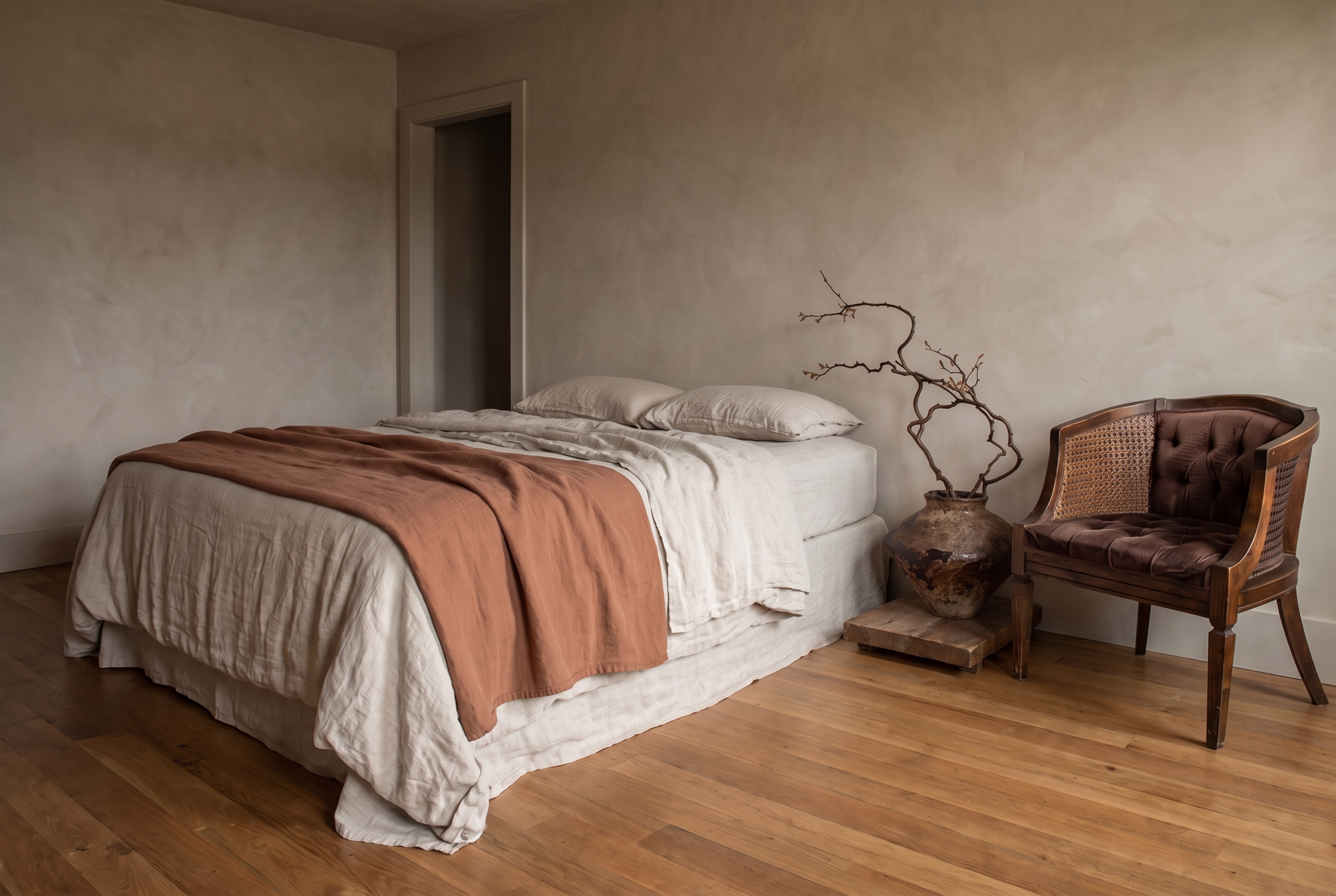 The cane barrel chair beside a linen-dressed bed, showing its compact size