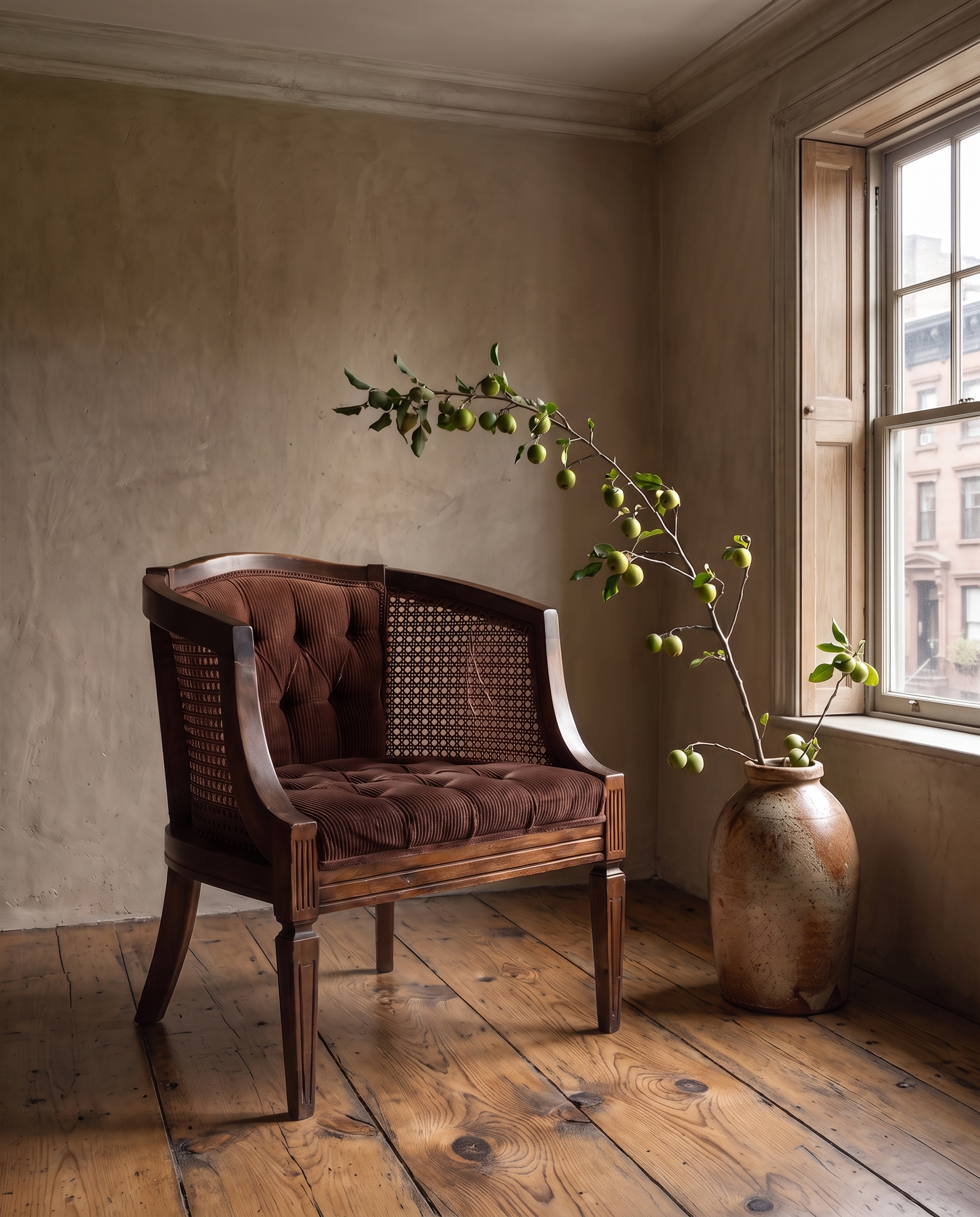 Vintage cocoa velvet cane barrel chair in a plaster-walled apartment beside a wood-fired jar with a fruiting branch