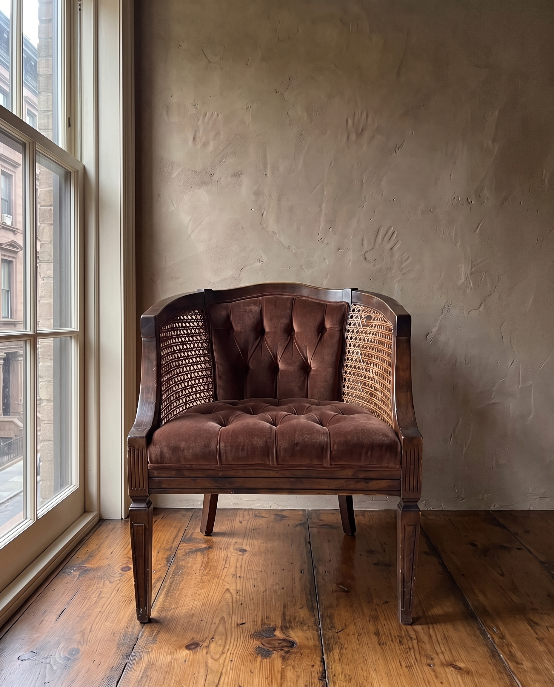 Front view of the cane barrel chair beside a tall apartment window on a knotty wide-plank floor