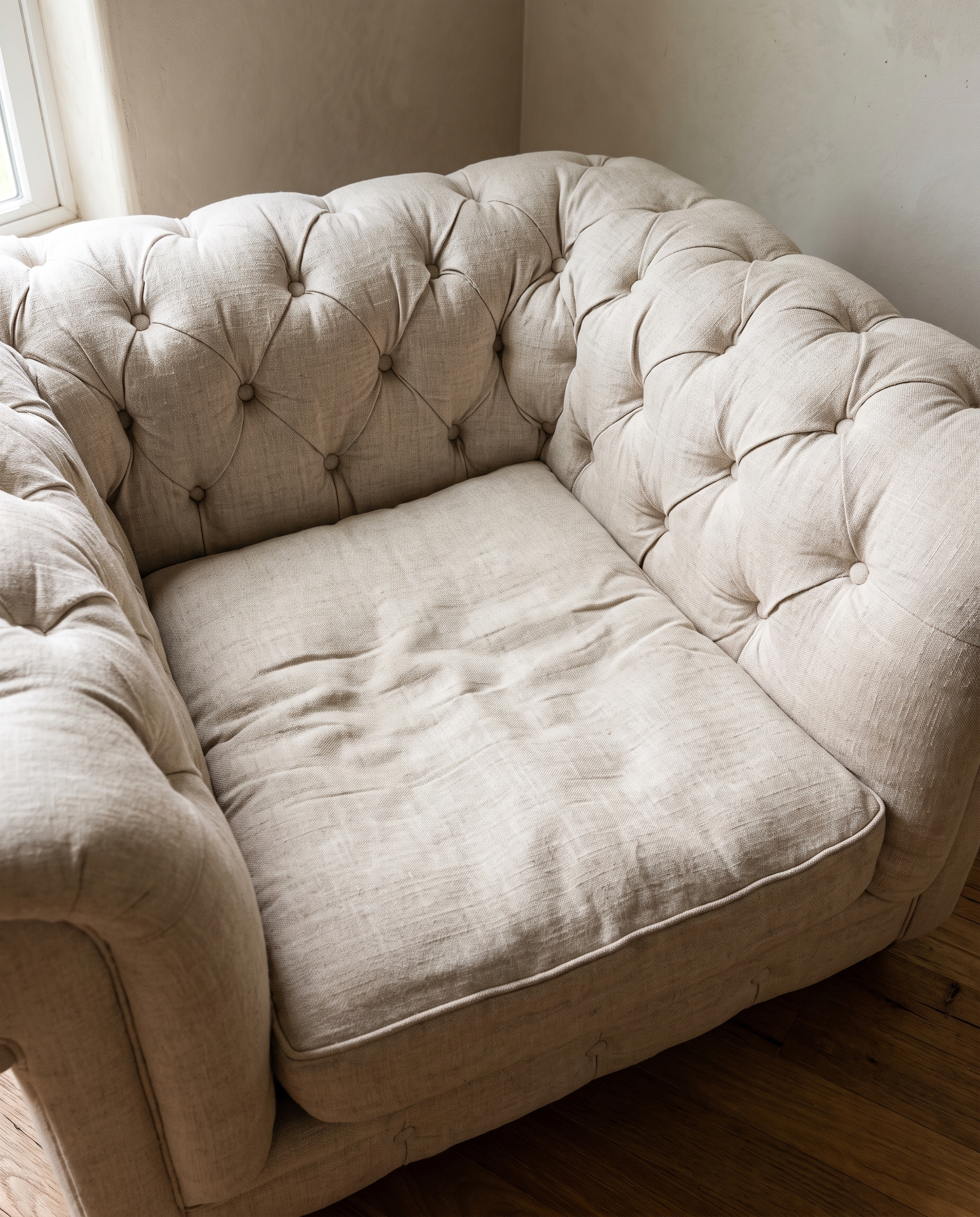 Looking down into the chair: diamond button tufting and the soft lived-in linen seat cushion