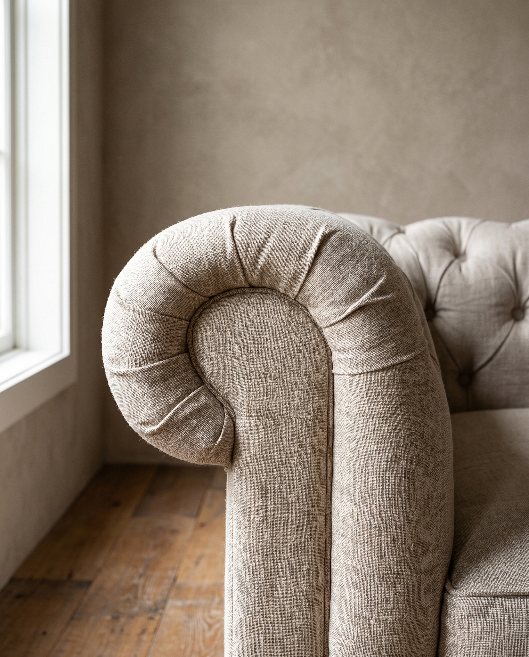 Close detail of the rolled scroll arm with soft gathered folds in slubby natural flax linen