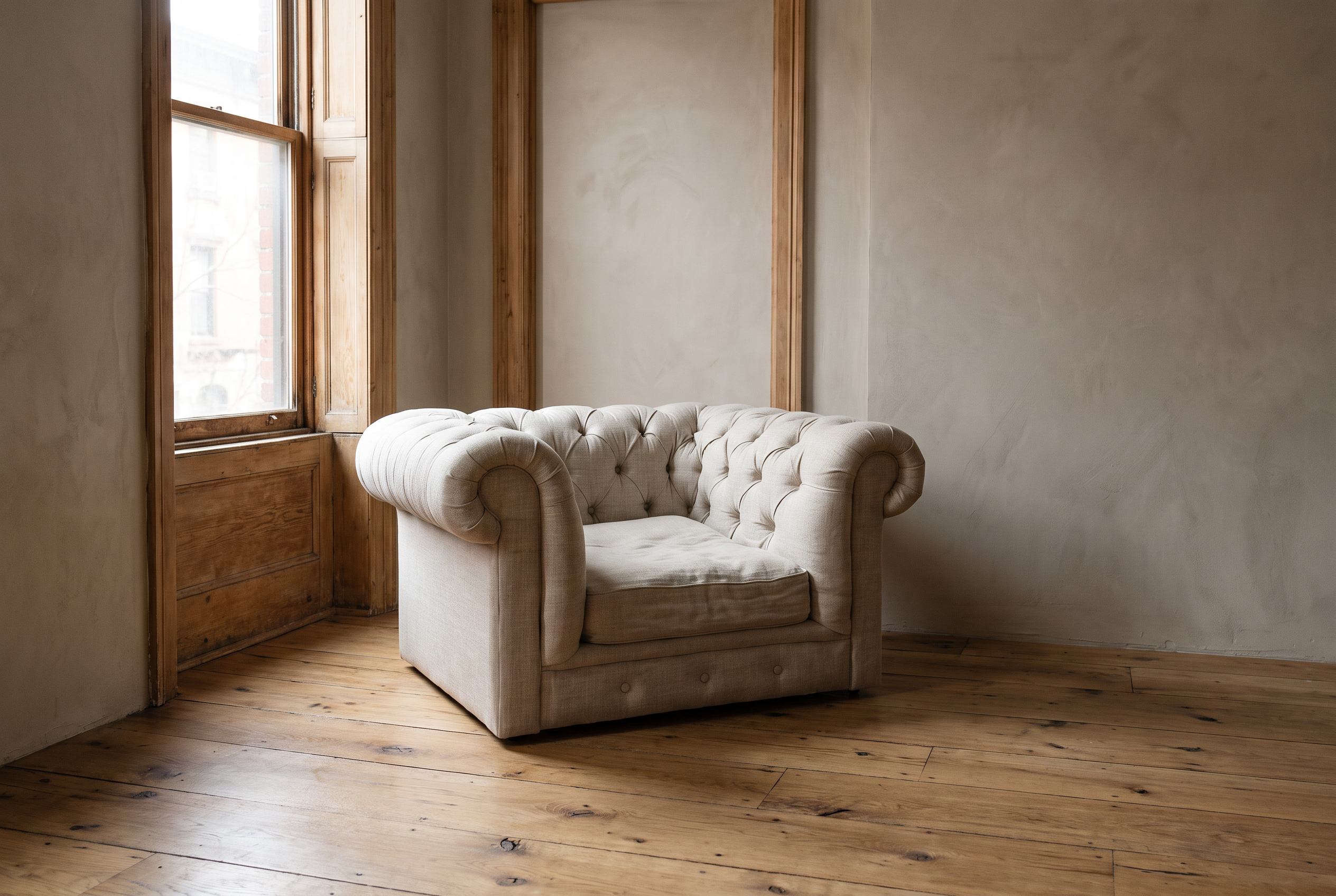 The chesterfield chair-and-a-half in the corner of a quiet prewar apartment room beside a tall window