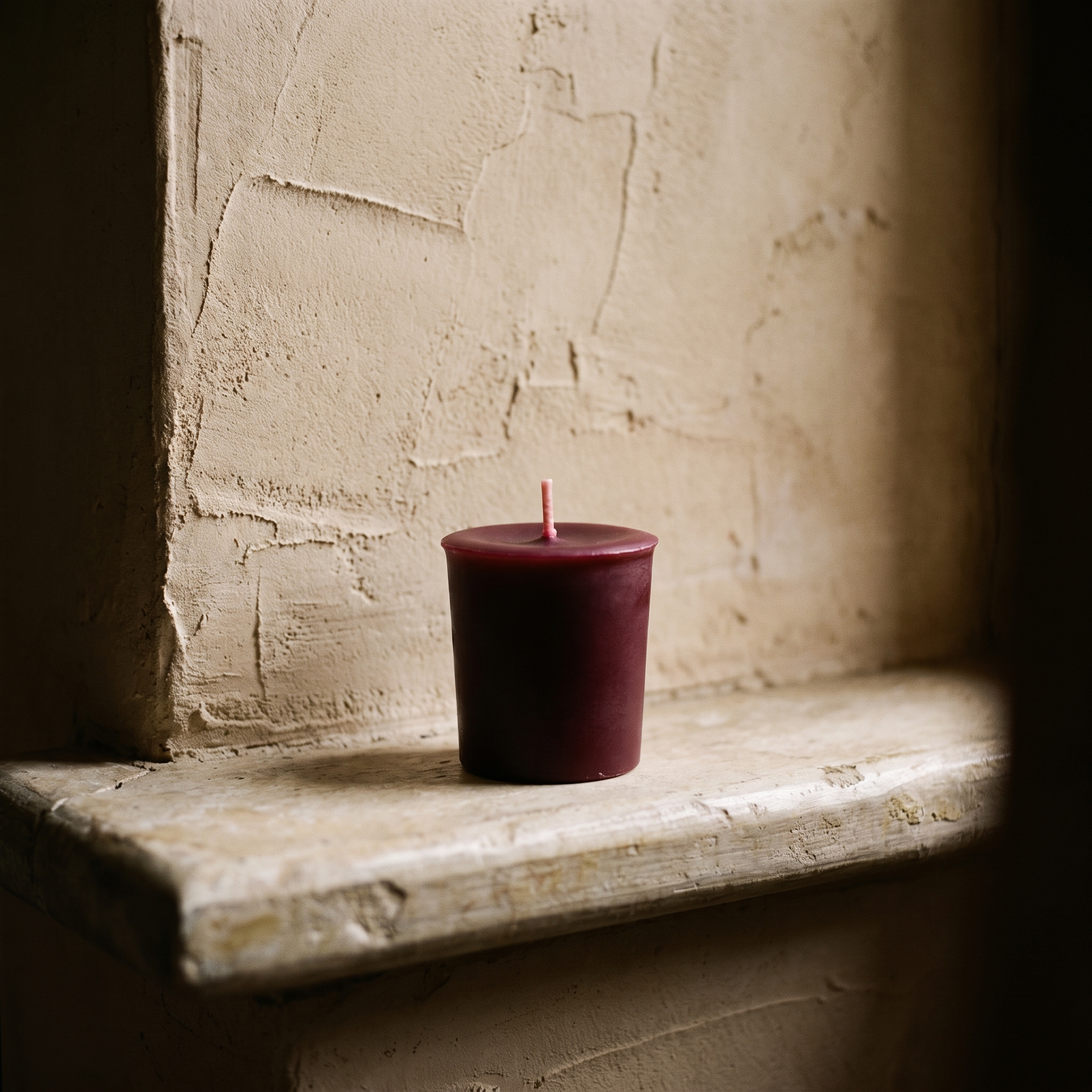 The votive on a worn stone ledge against rough limewash plaster