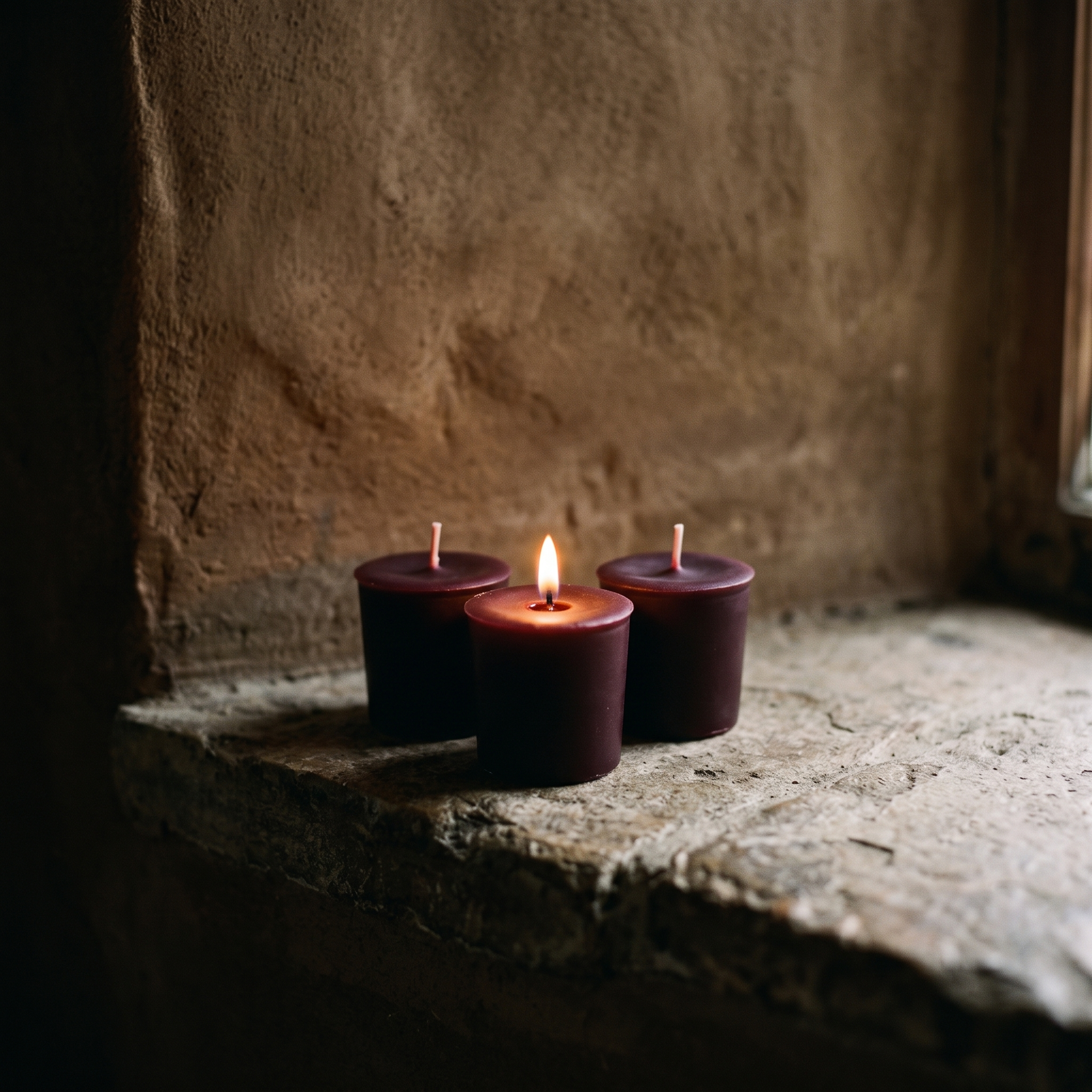 Three votives grouped on a stone ledge, one lit