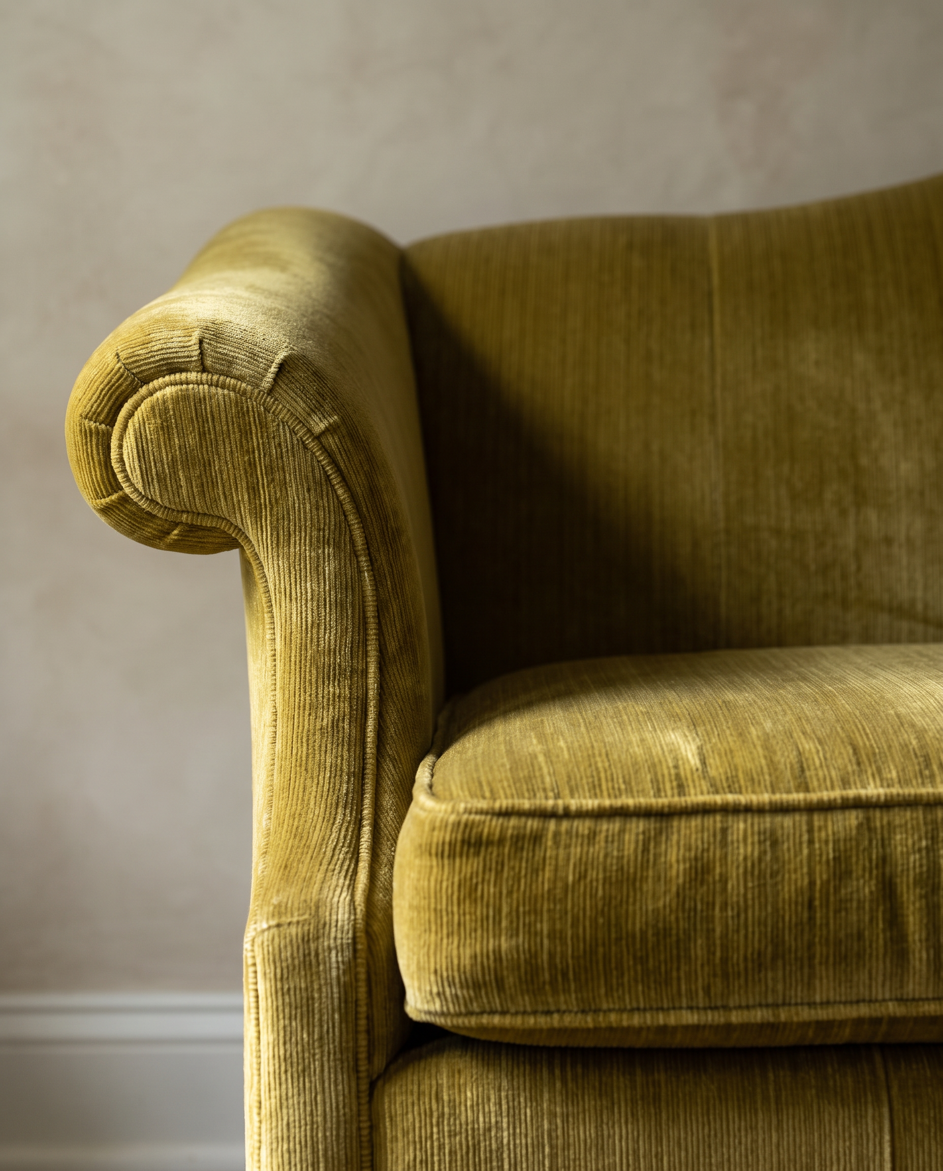 Detail of the rolled scroll arm and ribbed strie velvet