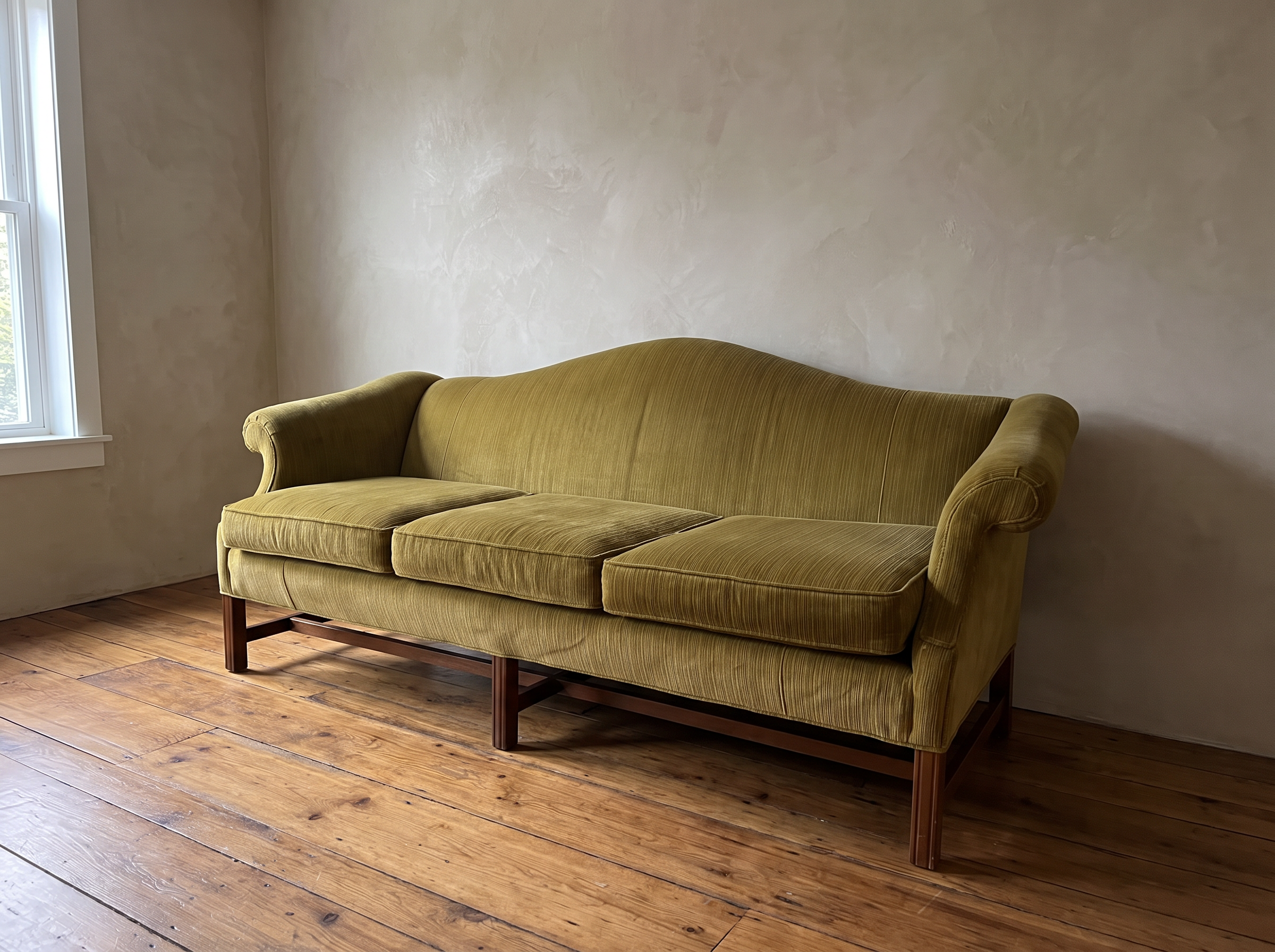 Three-quarter view of the chartreuse camelback sofa with rolled scroll arms