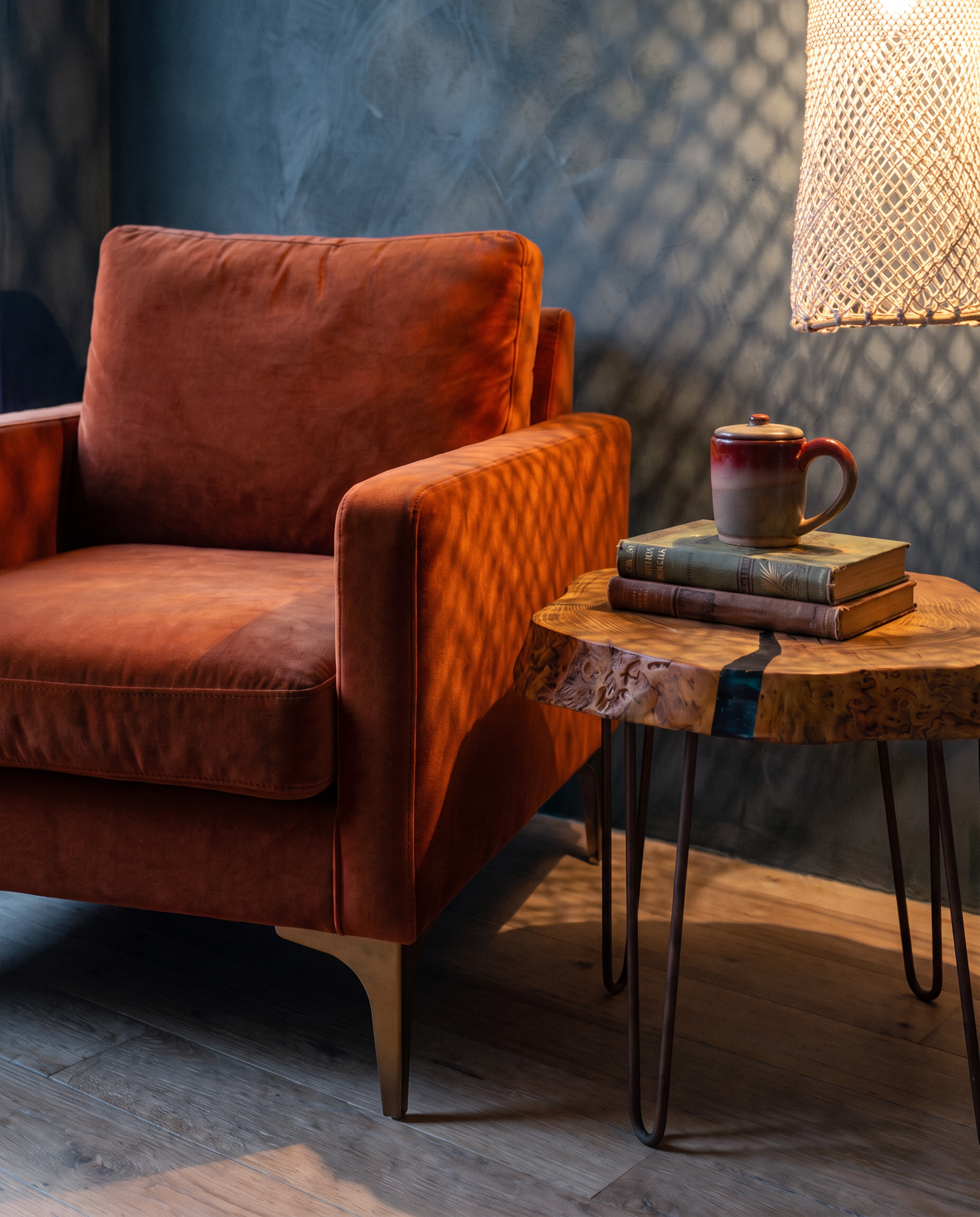Close-up of the rust velvet arm and seat beside a wood slab side table in lattice lamplight