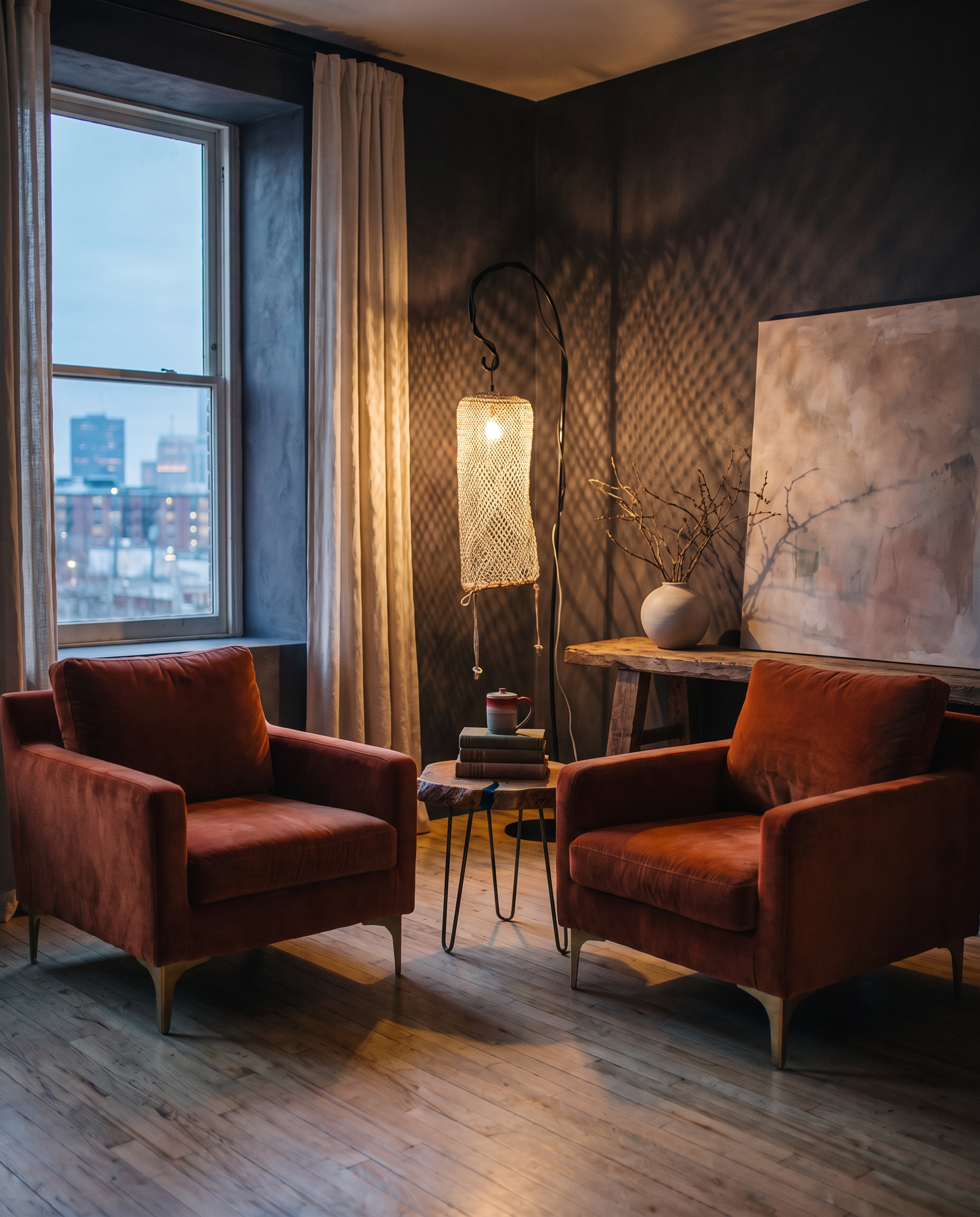 Pair of rust velvet armchairs in a dusky plaster room with a netted lamp and a soft abstract painting
