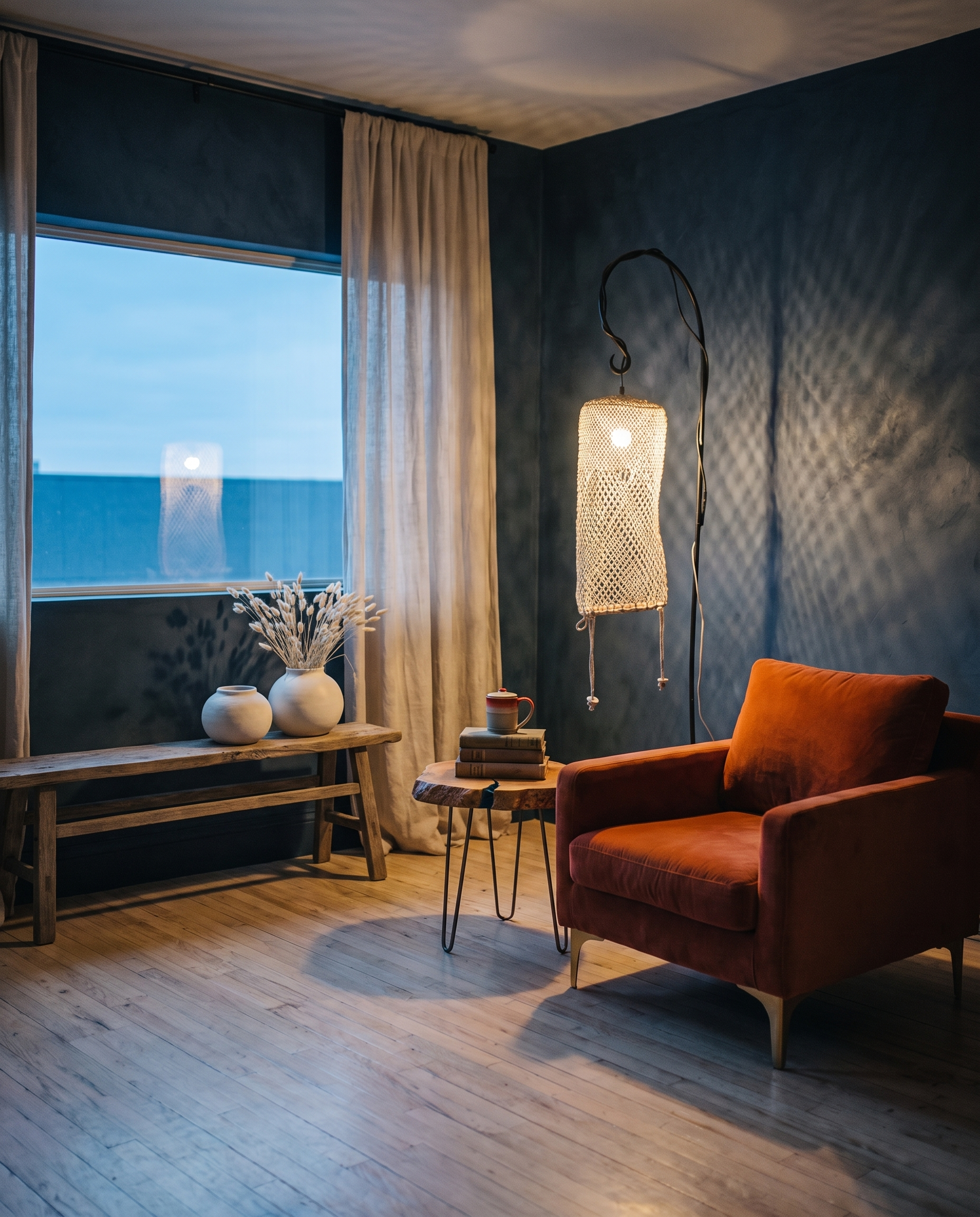 Rust velvet armchair by a linen-curtained window at dusk beside a netted floor lamp and a weathered oak bench