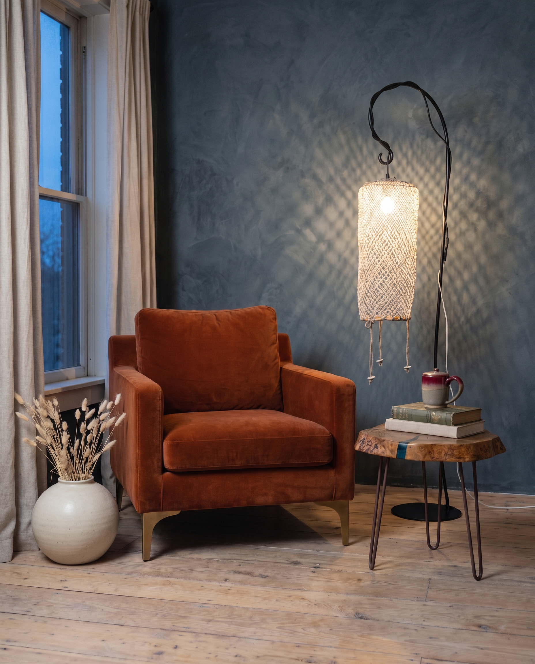 Rust velvet armchair with a wood slab side table, books and a red lidded mug under a netted floor lamp