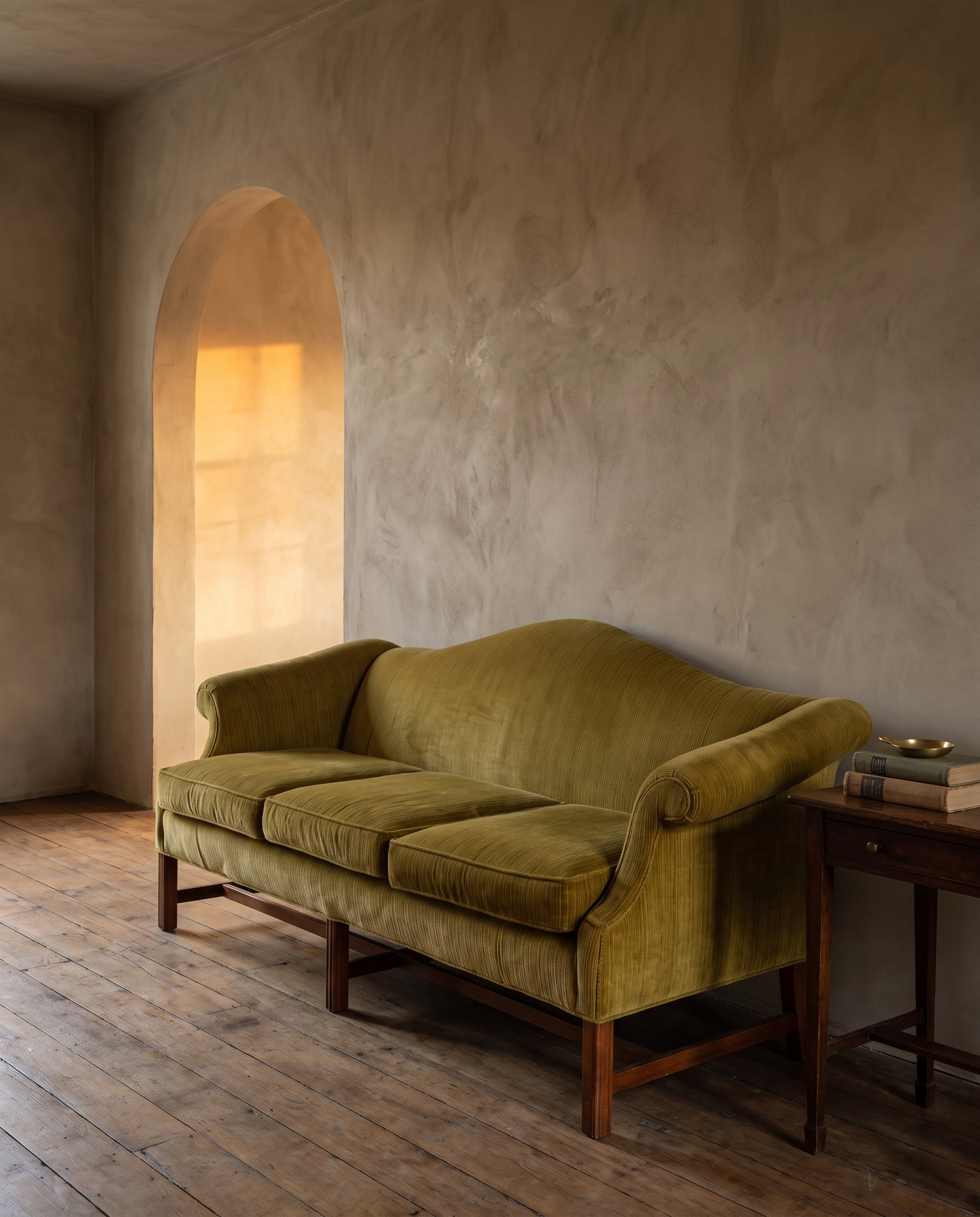 Vintage chartreuse velvet camelback sofa in a plaster room, golden light through an arched doorway