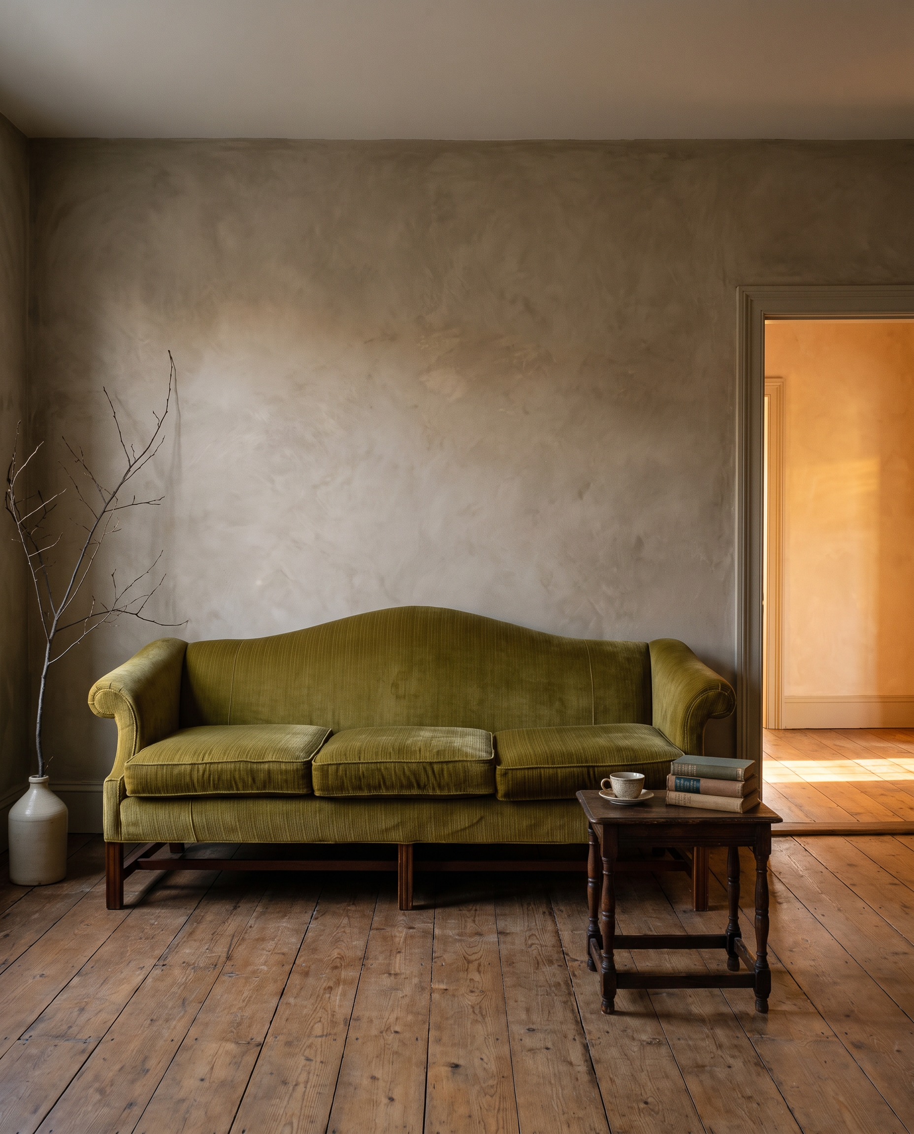 Chartreuse camelback sofa in a golden-hour salon with a side table, books and tea
