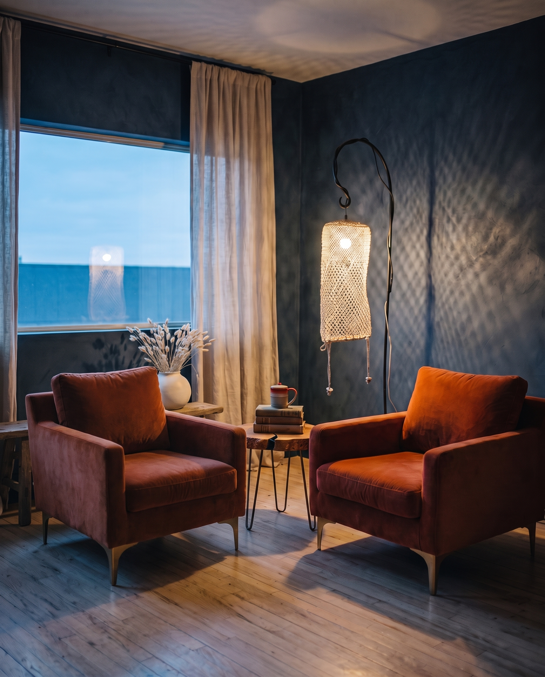 Two rust velvet armchairs with a wood slab side table under a glowing netted floor lamp in a dusky blue plaster room