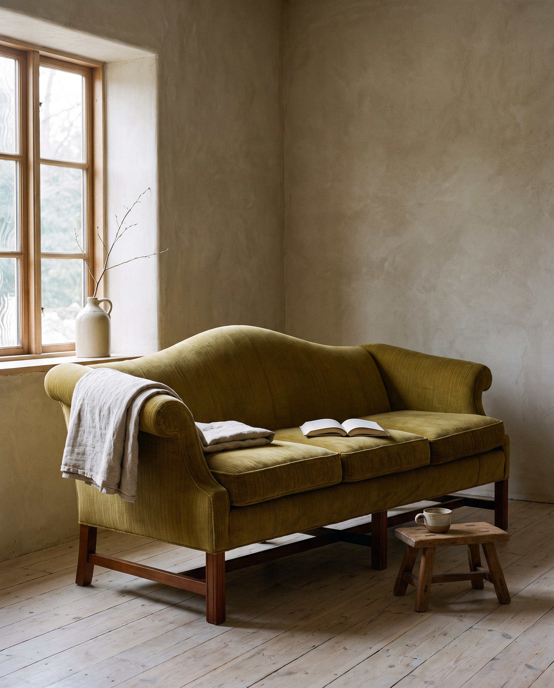 Chartreuse camelback sofa in a morning reading corner with a linen throw and open book