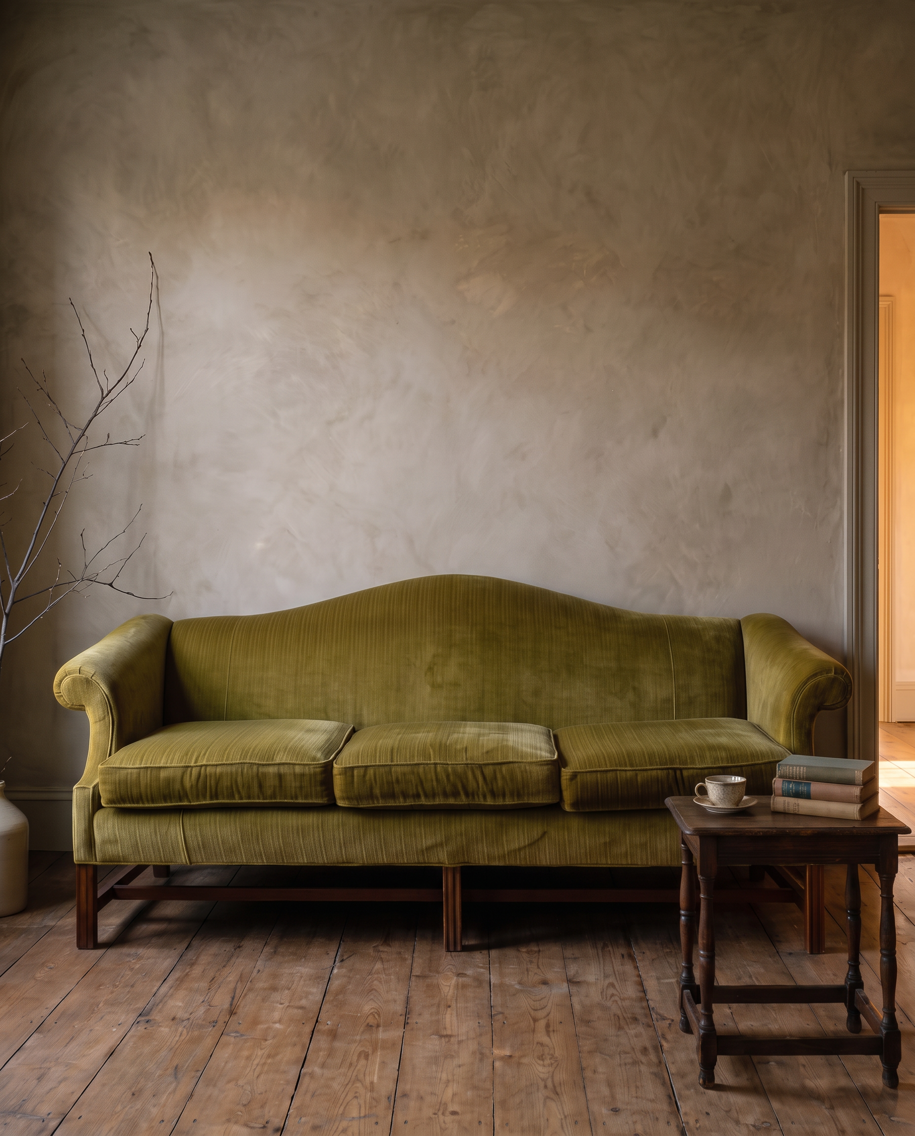 Close view of the chartreuse camelback sofa beside an antique side table