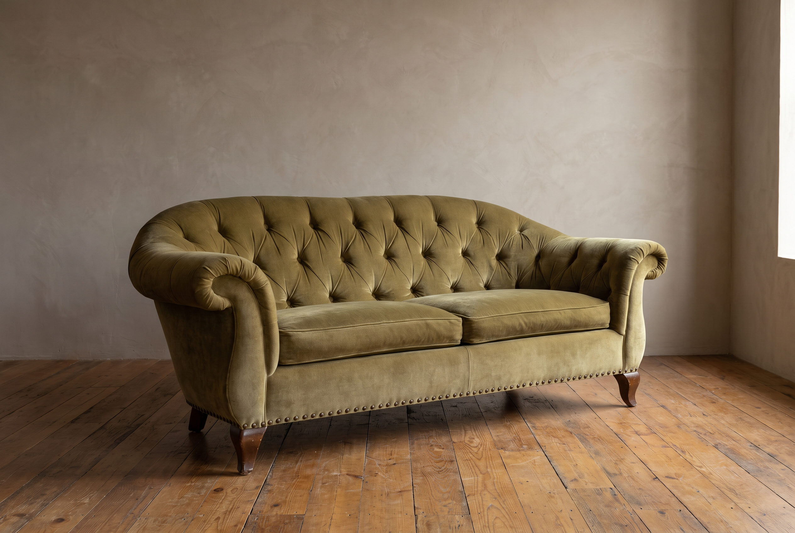 Ralph Lauren olive velvet button tufted sofa against a greige plaster wall on a reclaimed wood floor