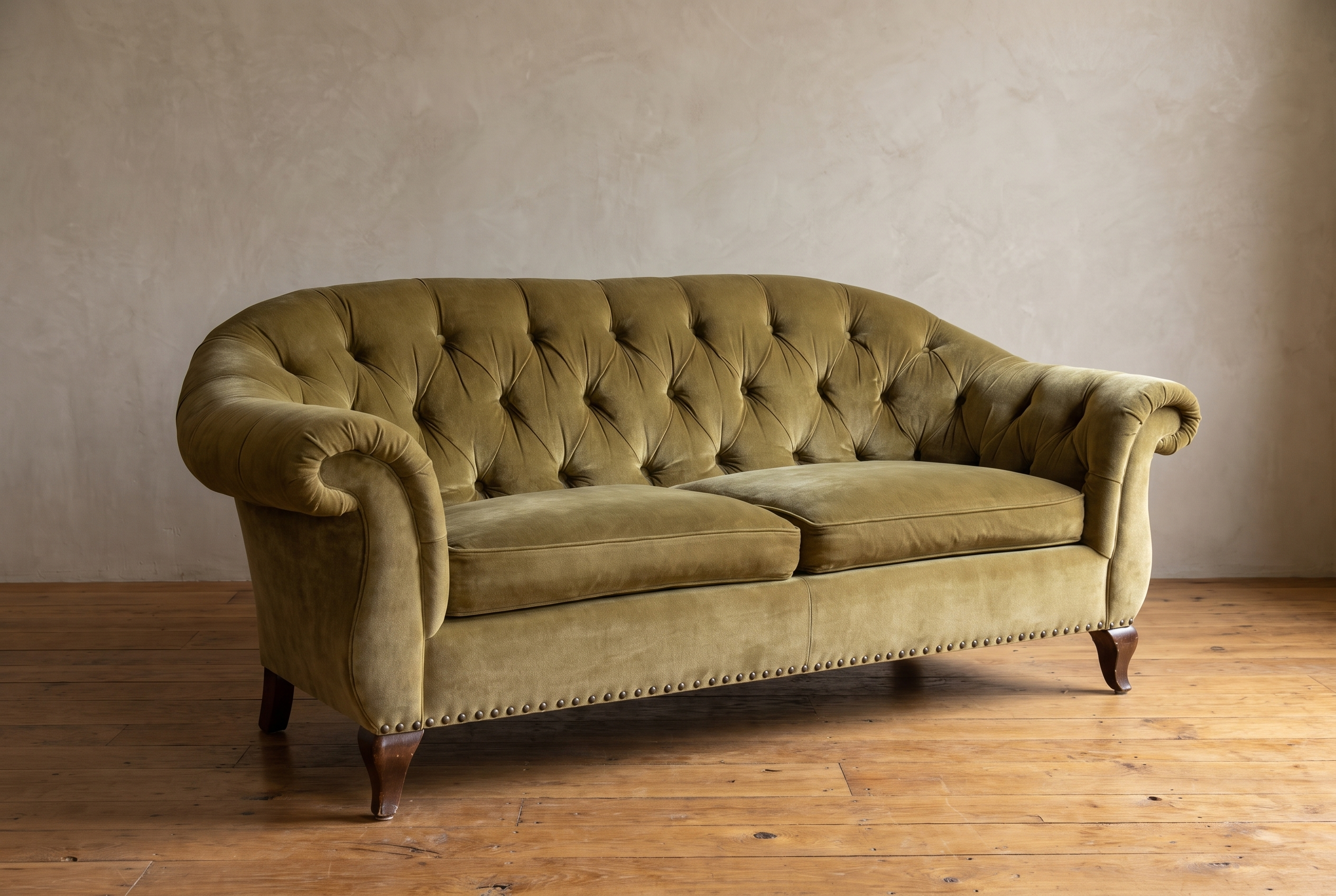 Three-quarter view of the olive velvet tufted sofa with walnut scroll legs