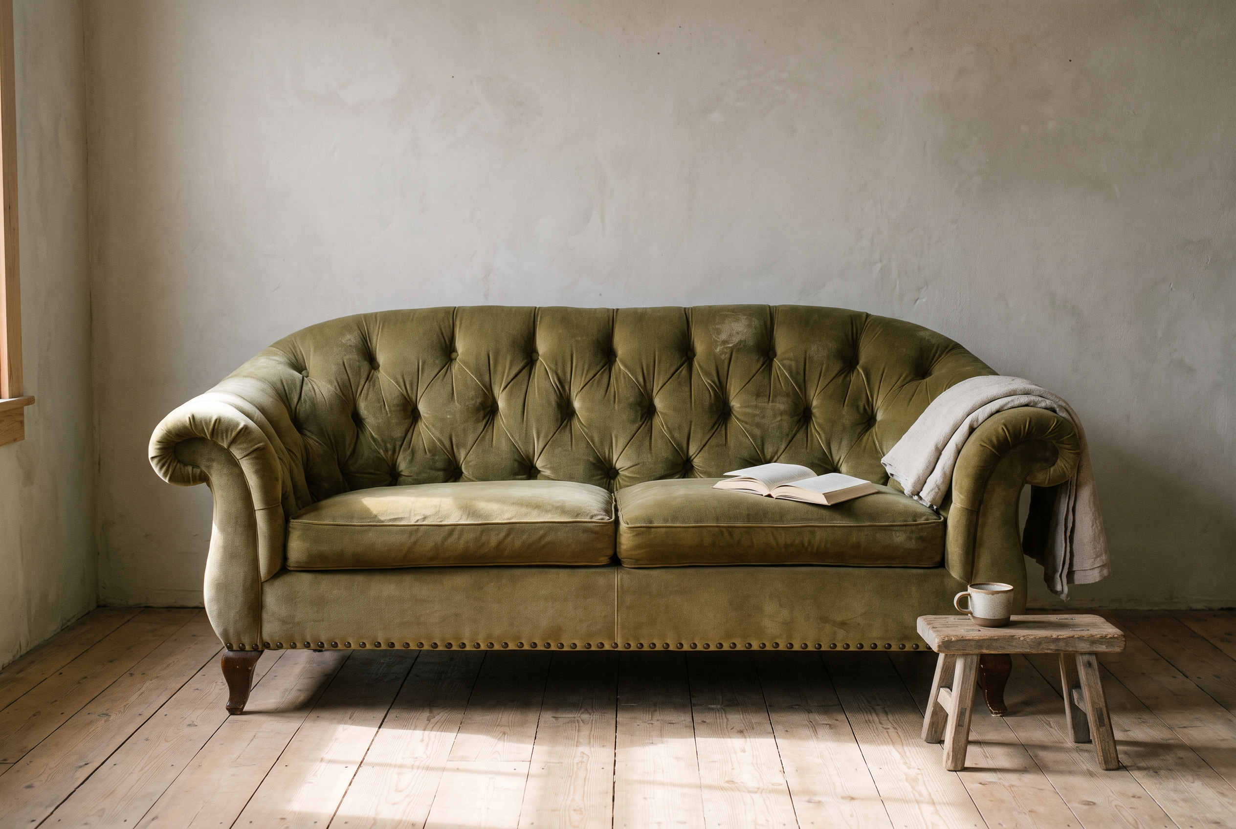 Olive velvet tufted sofa in morning light with a linen throw, an open book and a stool with coffee