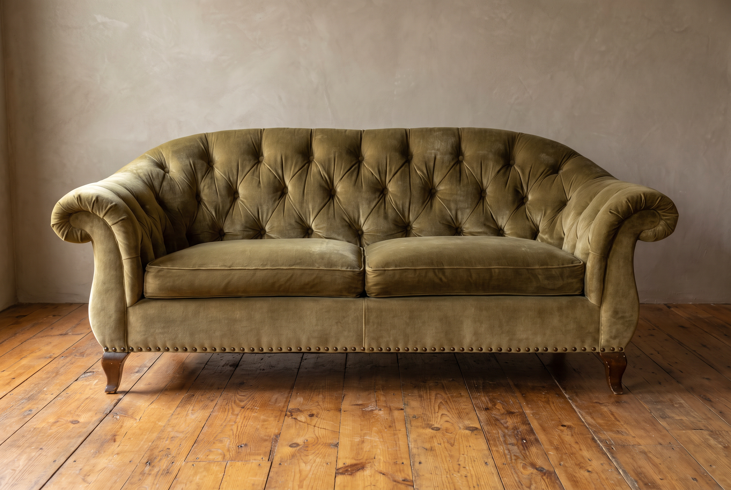 Straight-on front view of the olive velvet tufted sofa showing scroll arms and nailhead trim