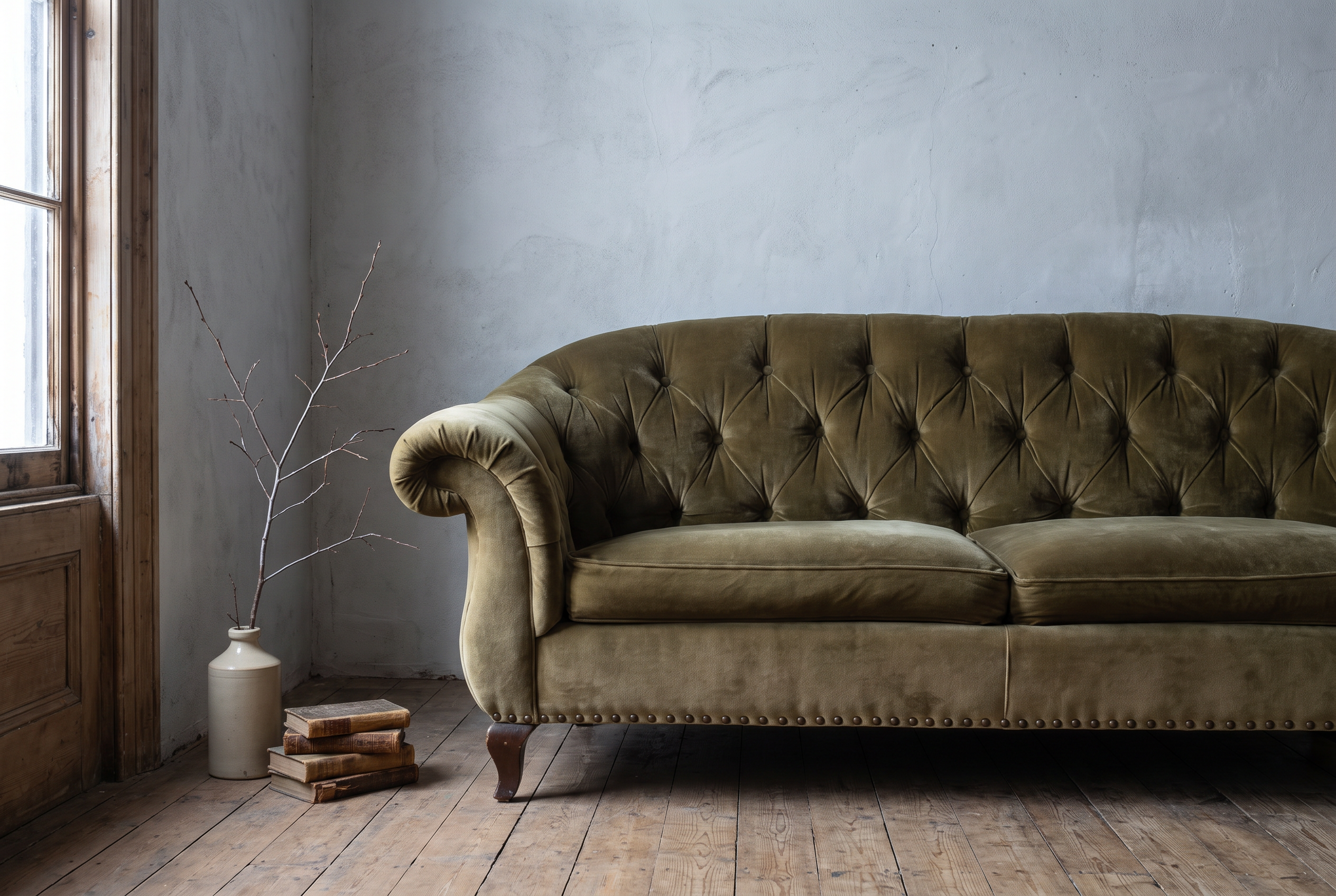 Olive velvet tufted sofa in a cool grey plaster corner with a bare branch and old books